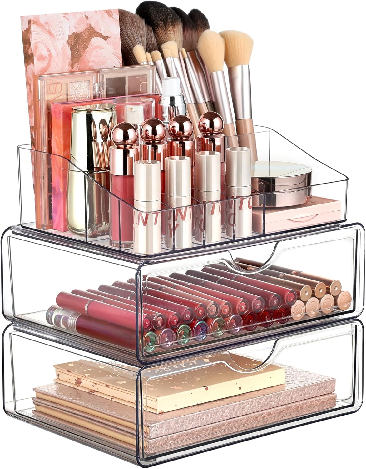 MOTYYA 3 Tier Clear Makeup Organizer with Drawer, Acrylic Cosmetic Storage Organiser for Dresser Countertop and Bathroom Vanity, Beauty Holder for Lipstick Brush Skincare image number 2
