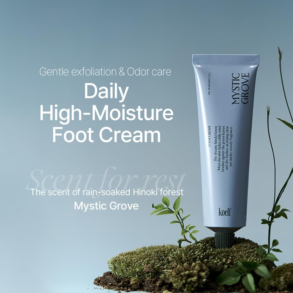 Koelf Foot Cream Mystic Grove 50Ml (1.69 Fl. Oz.) - Foot Care, Odor Care, for Dry & Rough Skin, Hinoki Scented, Cypress, Amber, Foot Repair Cream with Urea, Enzyme, Glycolic Acid for Smooth Skin image number 1