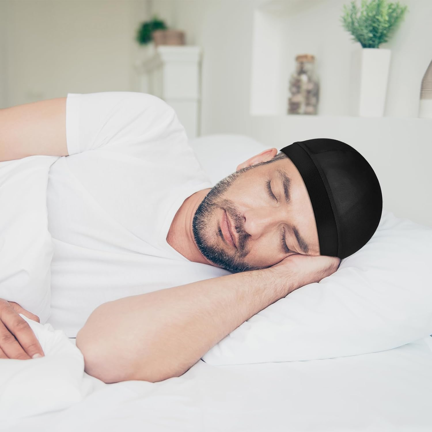 Silky Bonnet for Men, Wave Cap Satin Silk Hair Bonnet for Sleep, Durags Elastic Band Wave Caps for 360 540 720 Waves - Black image number 5