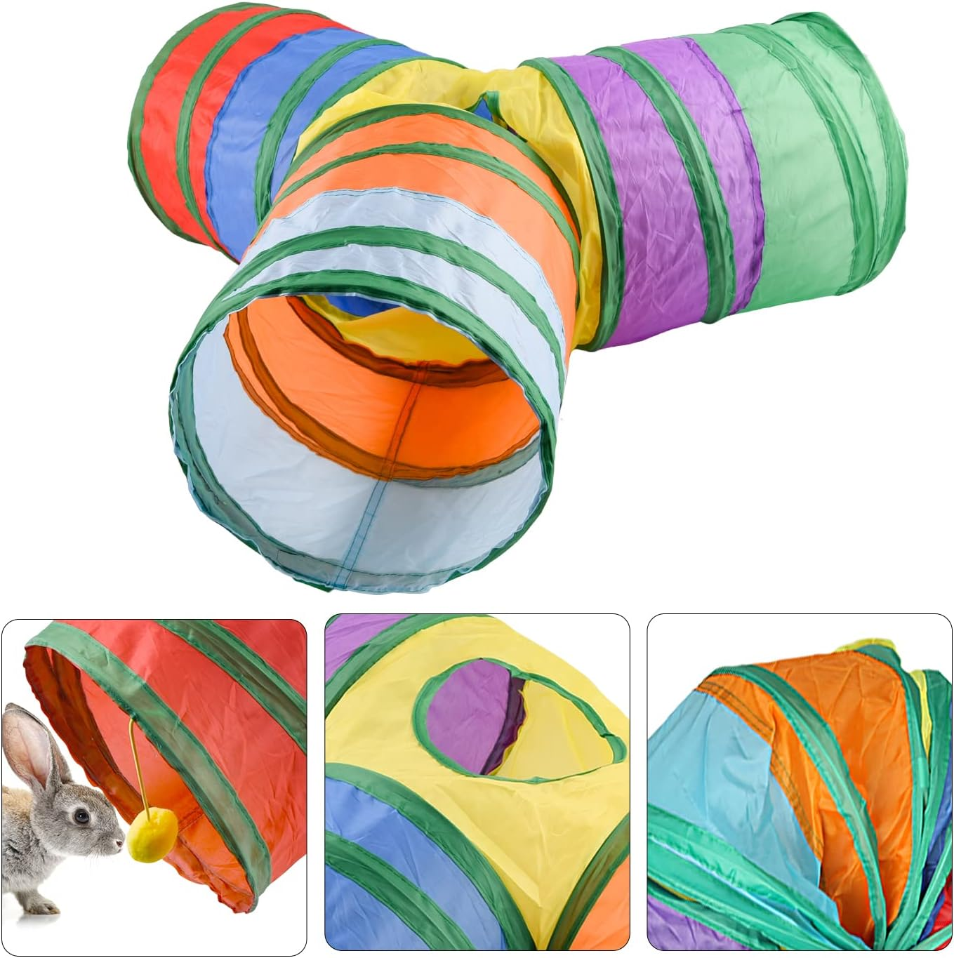 WXJ13 Bunny Tunnels Cat Tube Collapsible 3 Way Rabbit Tunnels for Indoor Bunnies Bunny Hideout Small Animal Tunnel Tubes Hideout Extra Hideaway Toys Rabbits Bunny Guinea Pigs Kitty,Colorful image number 3