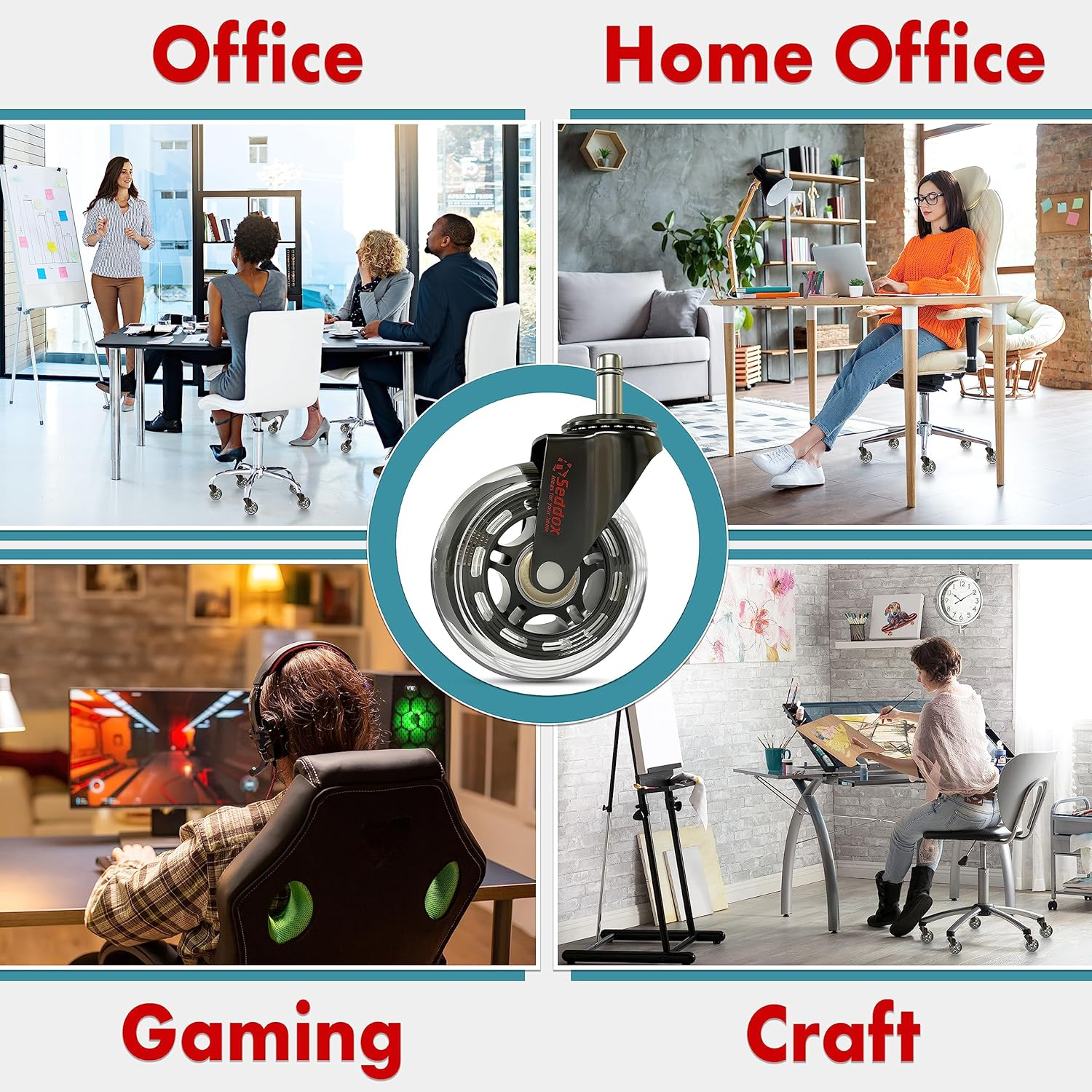 Professional Office Chair Caster Wheels Gift Set of 5 - Protect All Your Floors - 3'' Heavy Duty Replacement Rubber Desk Chair Casters - Best Protection for Your Hardwood Floors image number 4