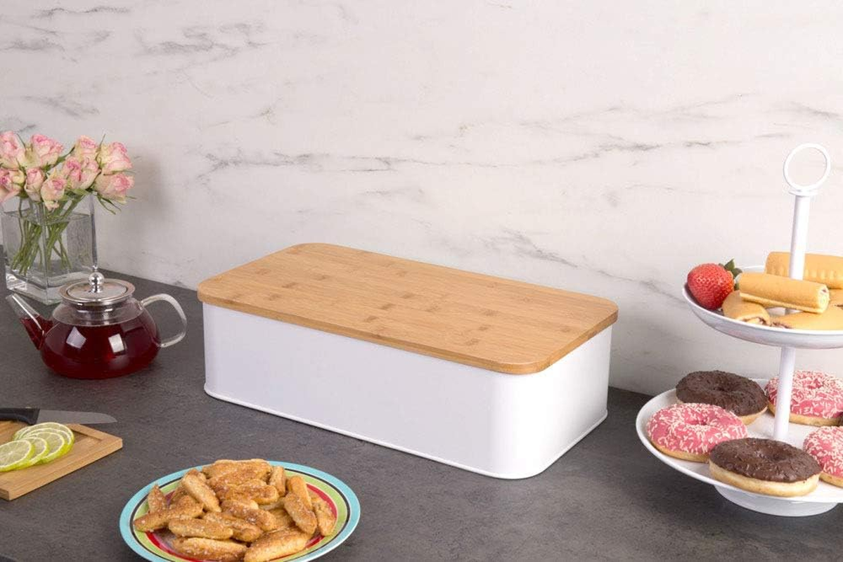 Zeller Bread Bin with Bamboo Lid, Metal, White, 42.5 X 23 X 13 Cm