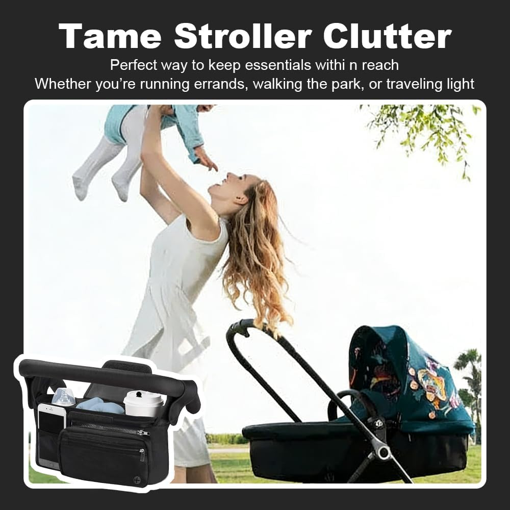 Stroller Storage Bag, Detachable Pram Pouch, Waterproof Hanging Bag, Universal Stroller Organizer with Hooking for Diapers, Bottles, Phone (Black) image number 4