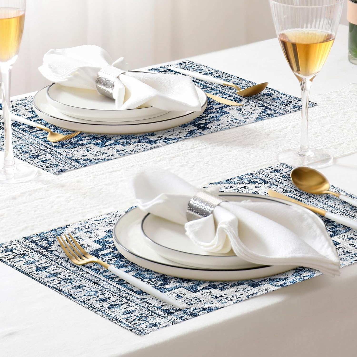 ZSYTZL Placemats Set of 4 Washable Durable Table Placemats for Dining Table Mat,Boho Pattern Kitchen Table Mats Heat-Resistant Decor Place Mats for Dining Tables Home Party Indoor-White Blue