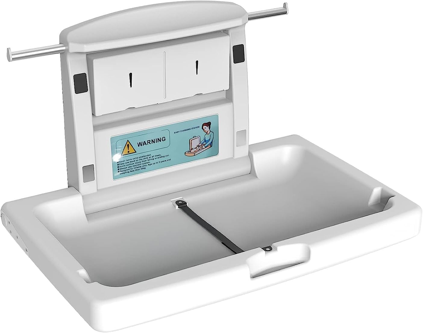 Wall Mounted Baby Changing Station - Horizontal Baby Changing Table Foldable Diaper Tables with Safety Strap for Commercial Bathroom, ADA Compliant (White) image number 6