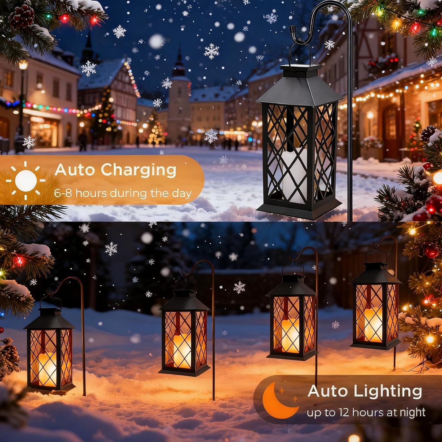 Yowin Solar Lanterns for Outside, Large Garden Lanterns with Flickering Candle, Hanging Garden Gifts, Outdoor Waterproof Solar Ornaments for Balcony Patio Vintage Wall Decorations - Black image number 5