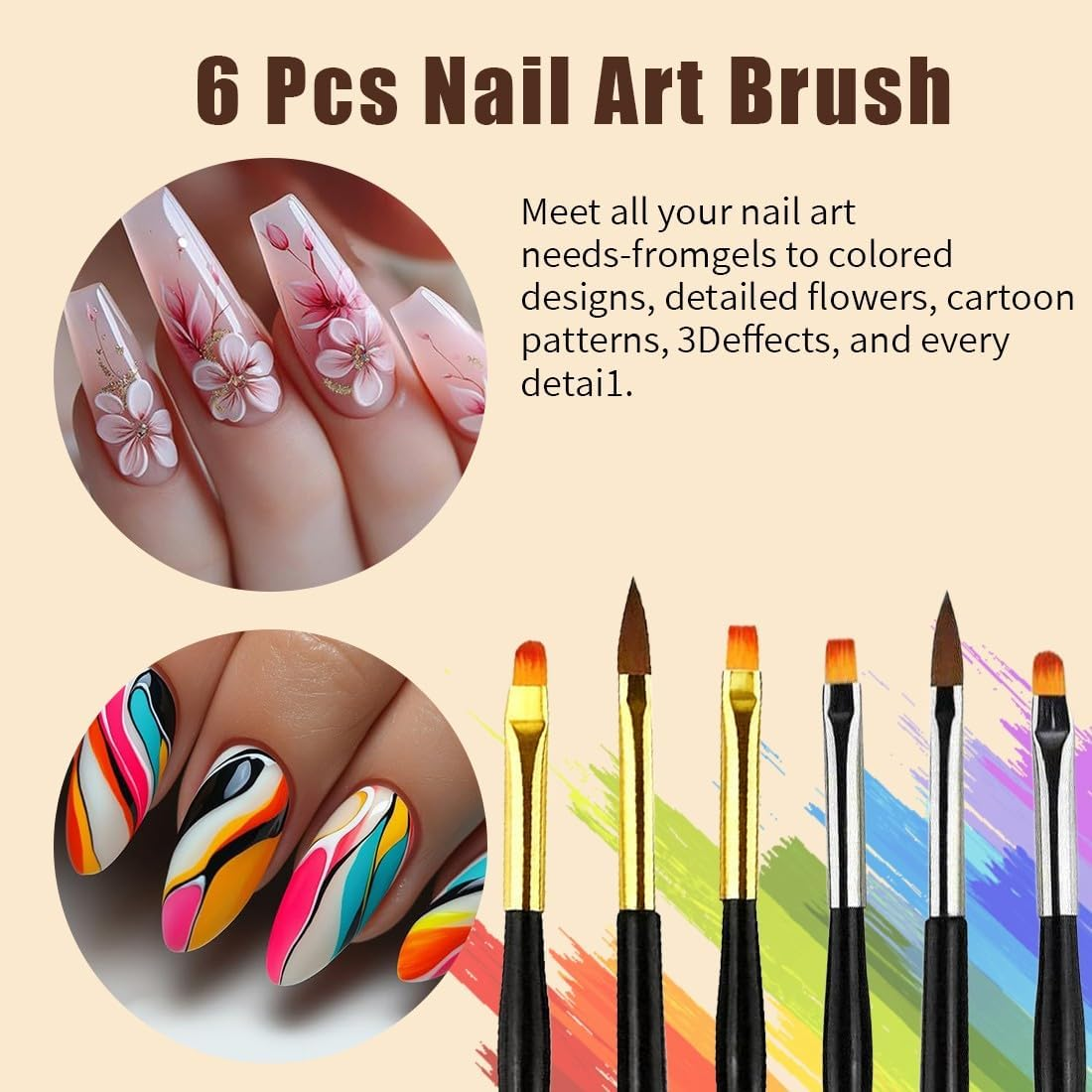 JYNXOR Set of 6 Double End Nail Brushes, Nail Design Brush, Brush for Gel Nails, Nail DIY Set, Double End Nail Art Brush Kit, Professional Manicure Tools Kit (Gold/Silver) image number 2