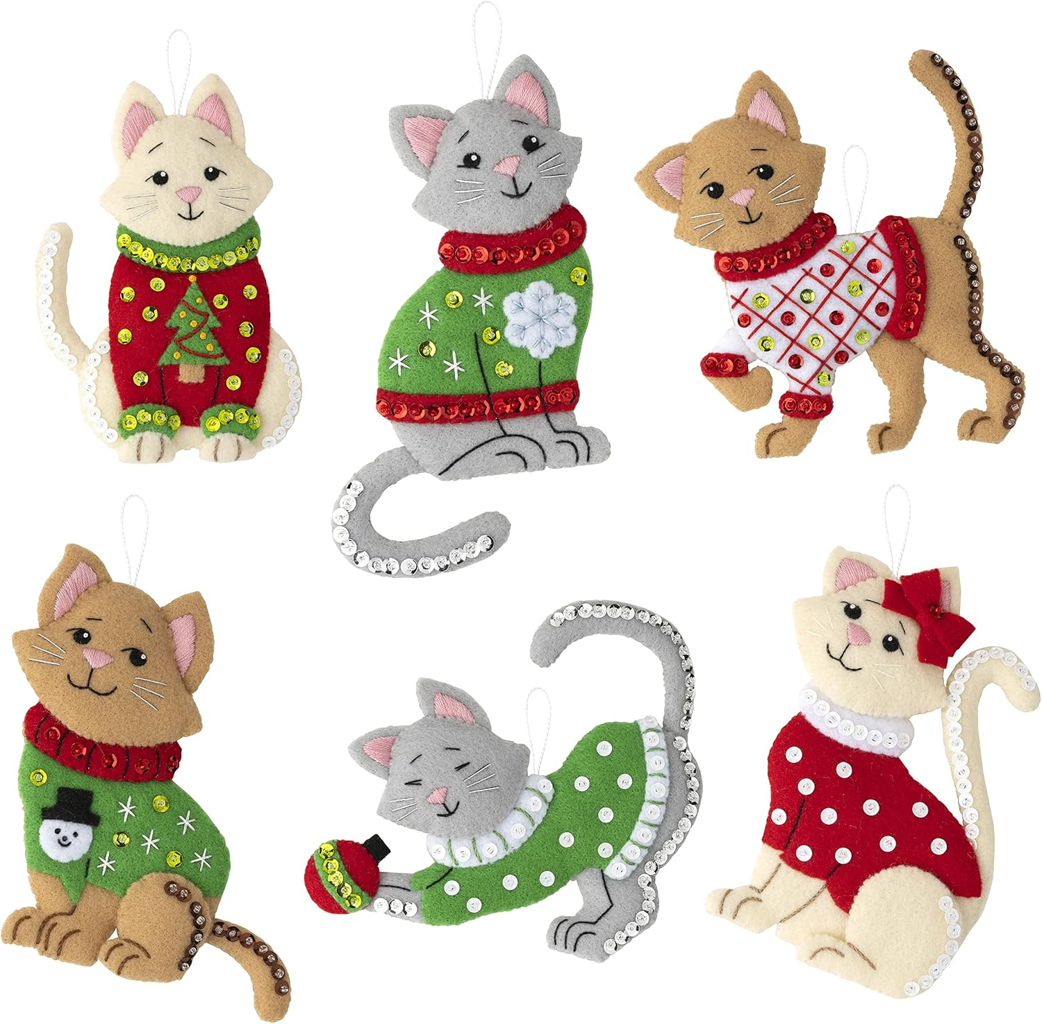 Bucilla Felt Ornaments Applique Kit Set of 6 Cats in Ugly Sweaters image number 1