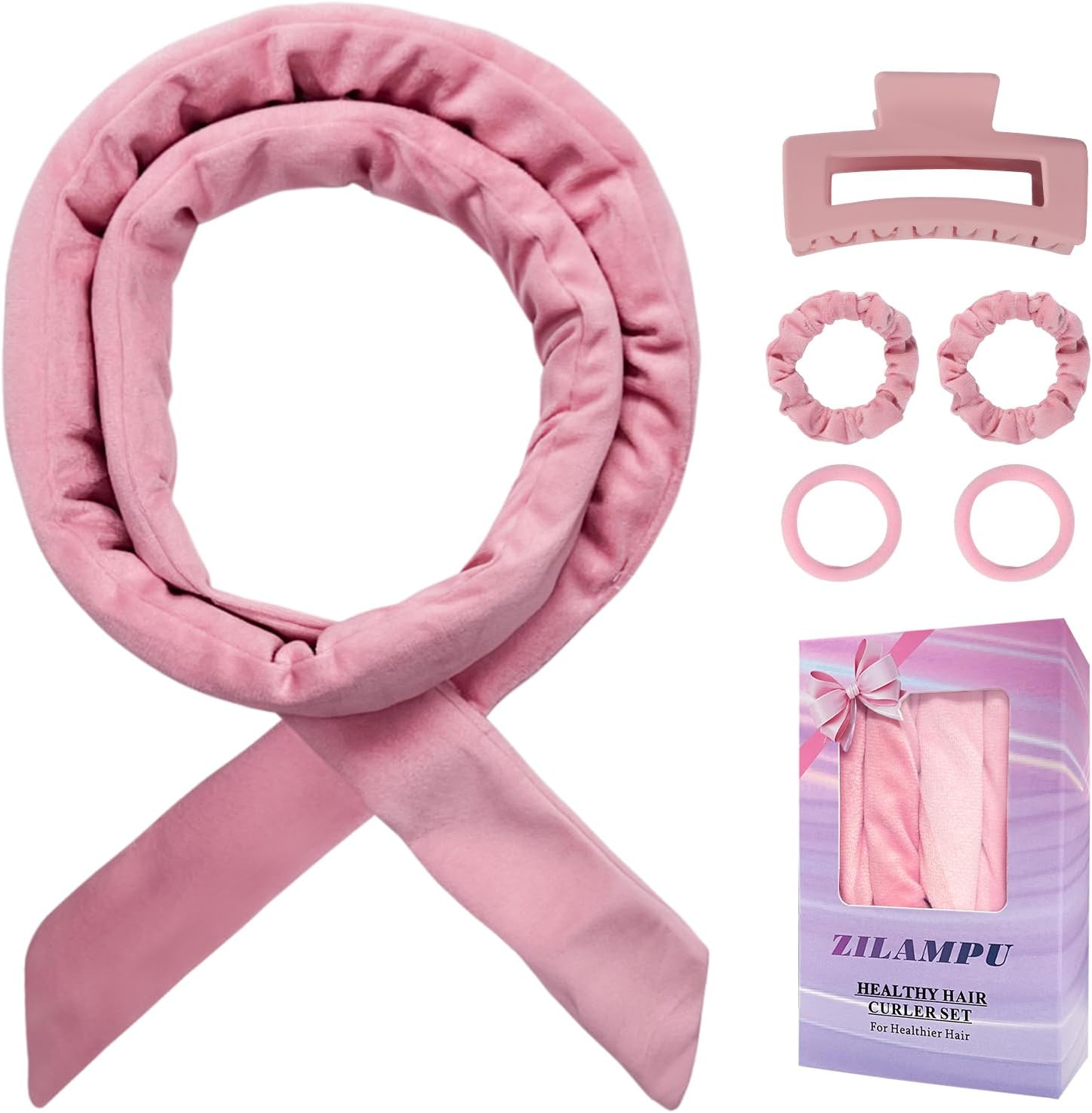ZILAMPU No Heat Overnight Curling Headband for Long Waves, 70" Soft Curl Wrap for Women Girls, 6 PCS Curling Rod Gift Set - Pink image number 4
