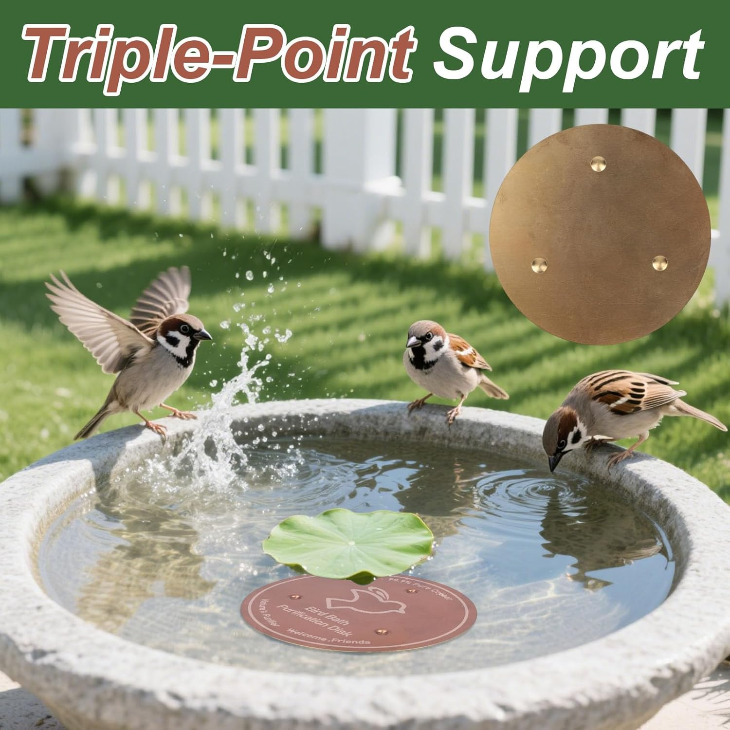 BOXOB Pure Copper Bird Bath Purification Disk, 4In Bird Bath Cleaner with Triple Point Support All Season Safe Water Purifier Universal Fit for Outdoor Birdbaths & Bowls