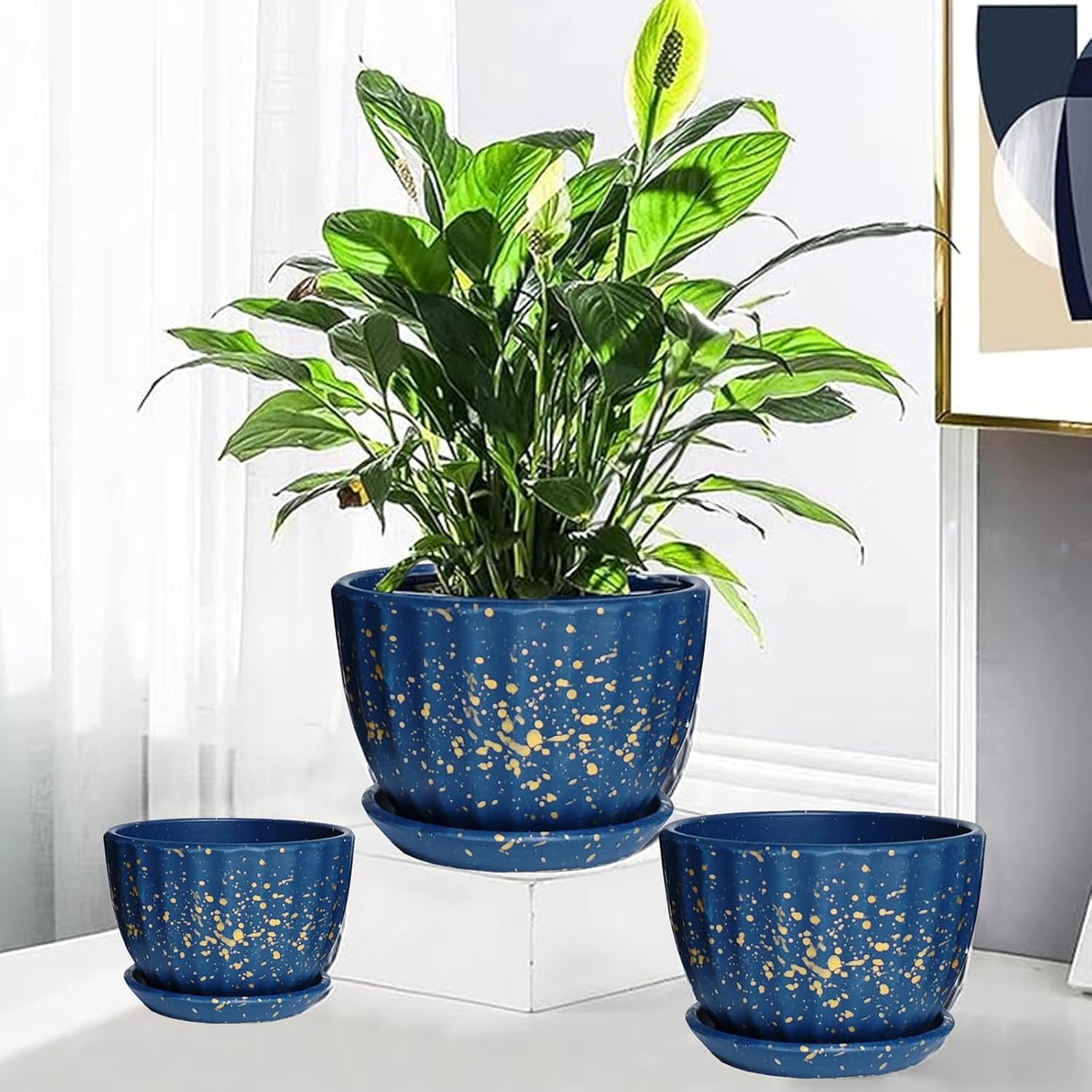 NASHRIO 3-Piece Small Ceramic Plant Pots with Drainage Holes - Indoor/Outdoor Decorative Flower Pots for Succulents, Mini Cacti, Herbs (Set of 3) (A) - C image number 3