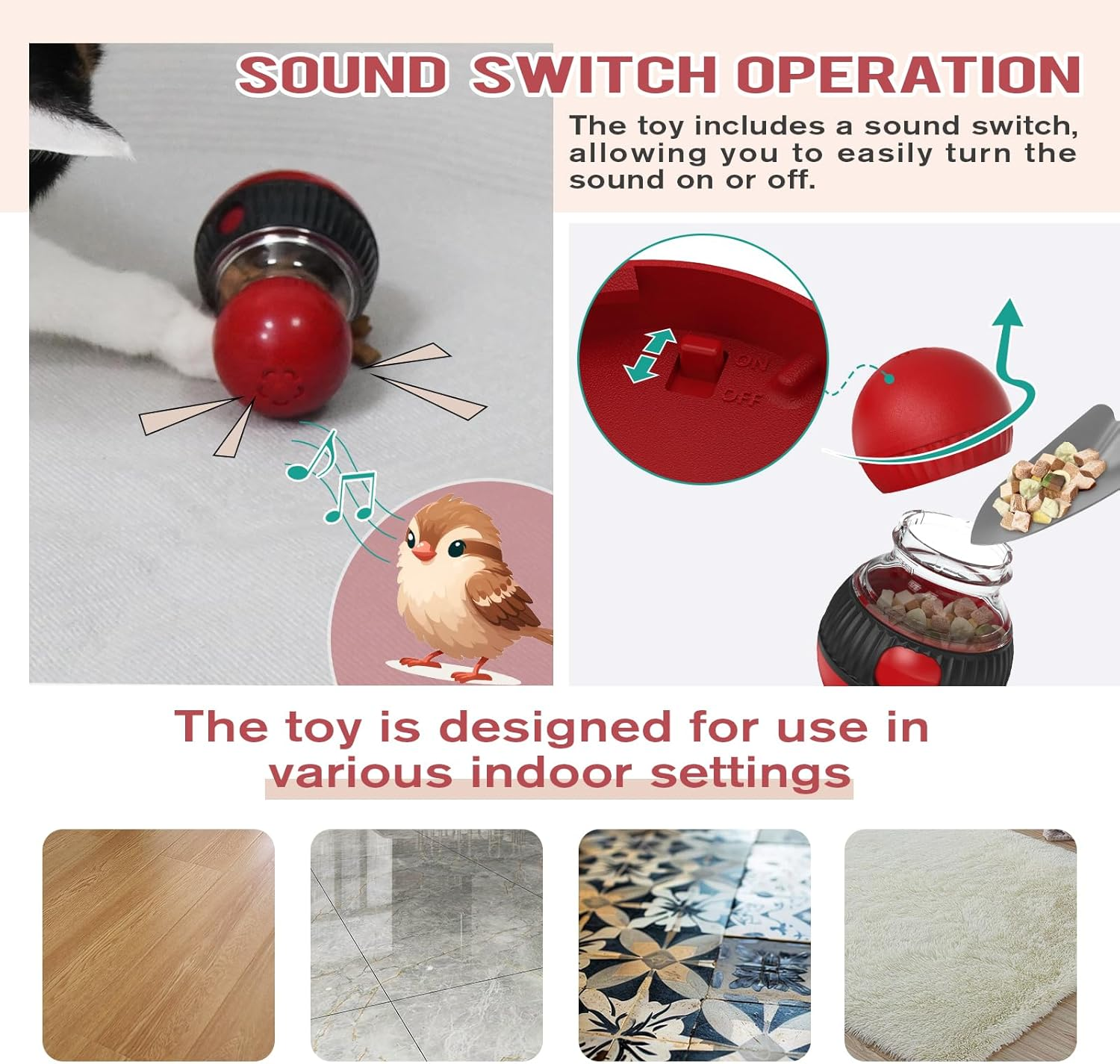 Ruiday Cat Ball Feeder Toy, Cats Food Dispenser, Cat Treat Toy with Sparrow Calls, Cats and Dog Puzzle Toys, for Indoor Training Brain Stimulation Toys image number 5