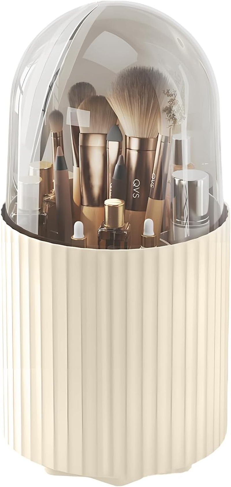 TORMEN Makeup Brush Holder Organizer with Lid 360&deg; Rotating Dustproof Compartment Cosmetic Display Case for Vanity Bathroom Countertop (White) image number 2