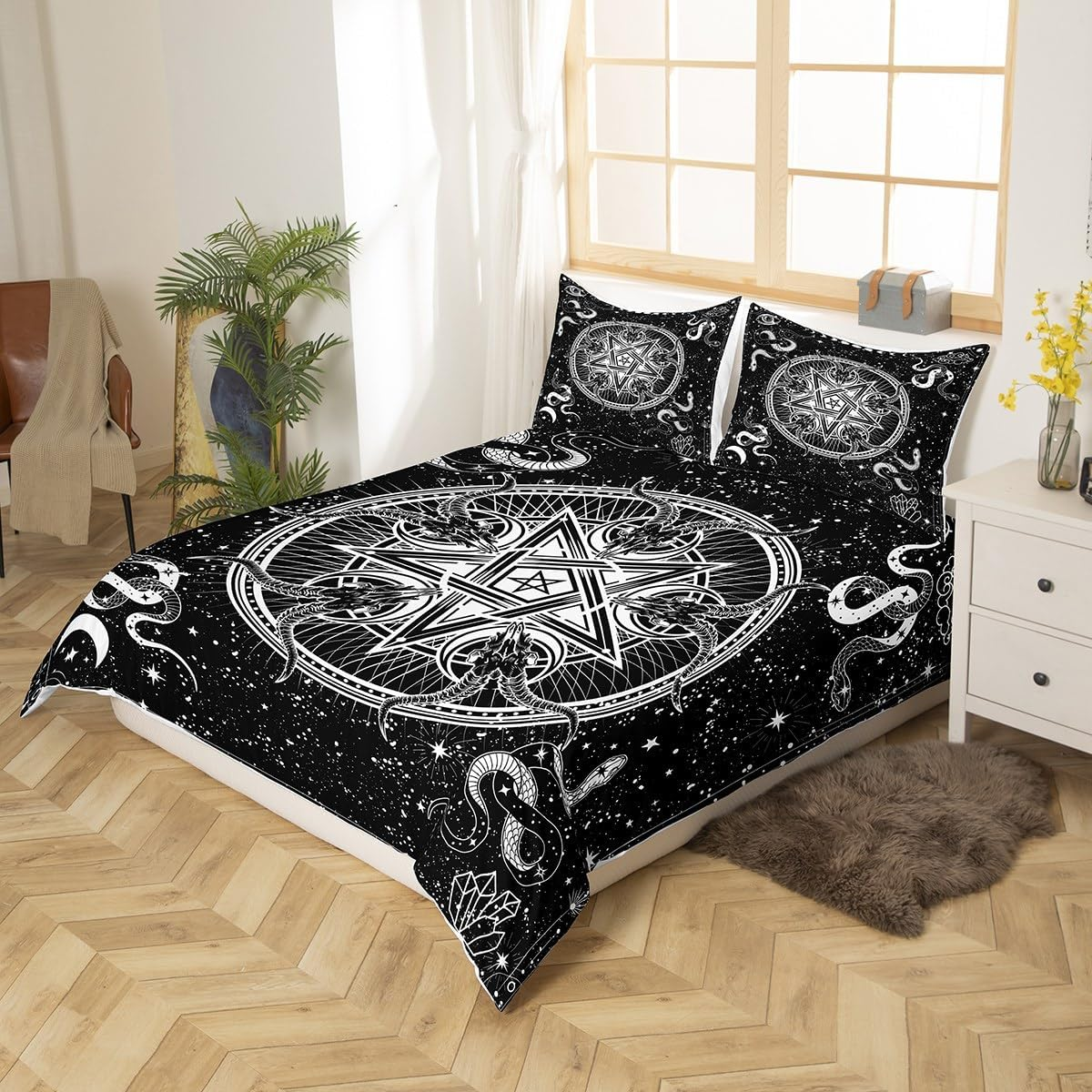 Bull Skull Black White Duvet Cover Set L Size, Sun Moon Starry Sky Bedding Set, Gothic Stars Snake Diamond Comforter Cover Children Girls Boys Room Decor Exotic Boho Quilt Cover image number 4