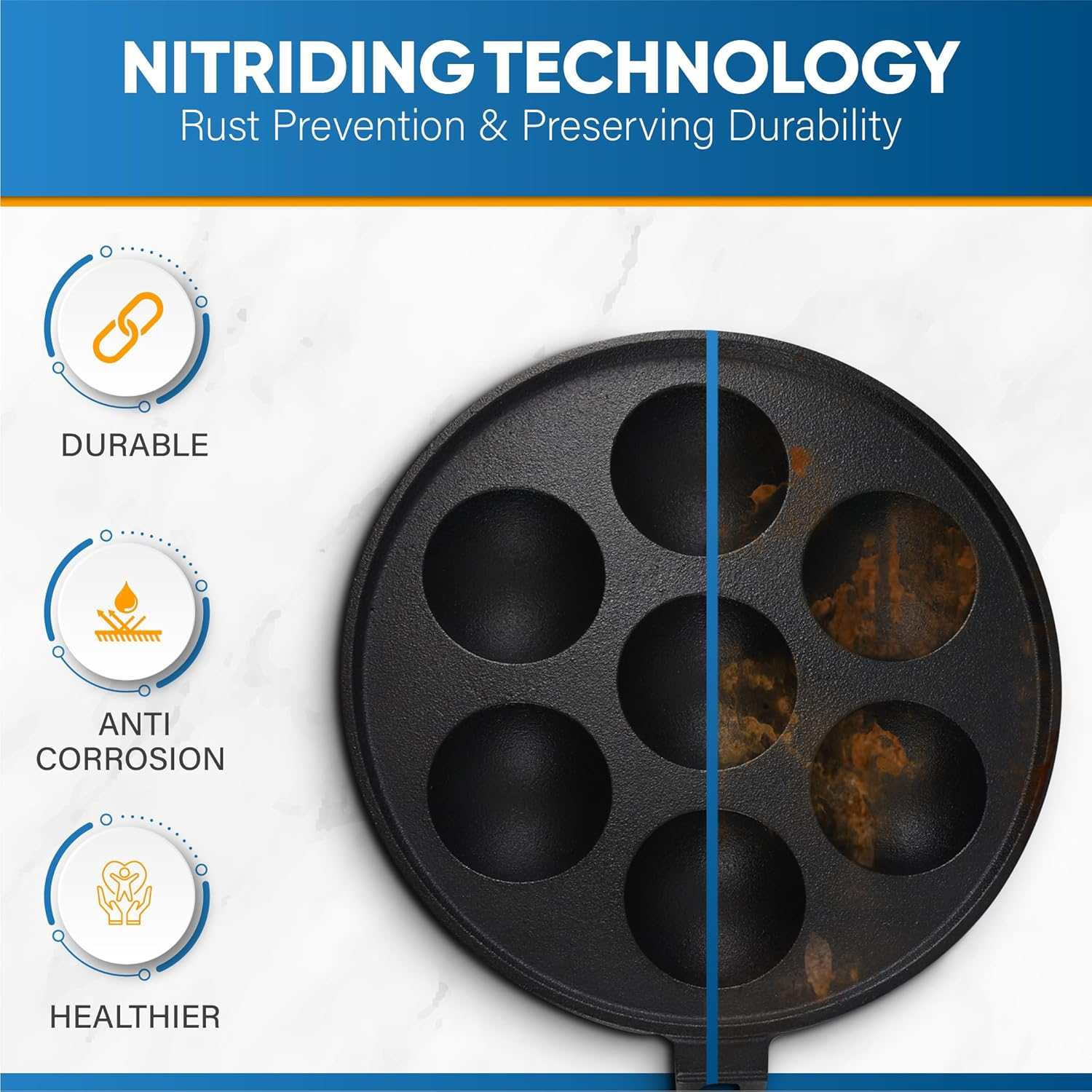 Starblue 7-Hole Cast Iron Aebleskiver Pan Detachable Wooden Handle, Pre-Seasoned, Aebleskiver Sticks and Recipe Book Included image number 3