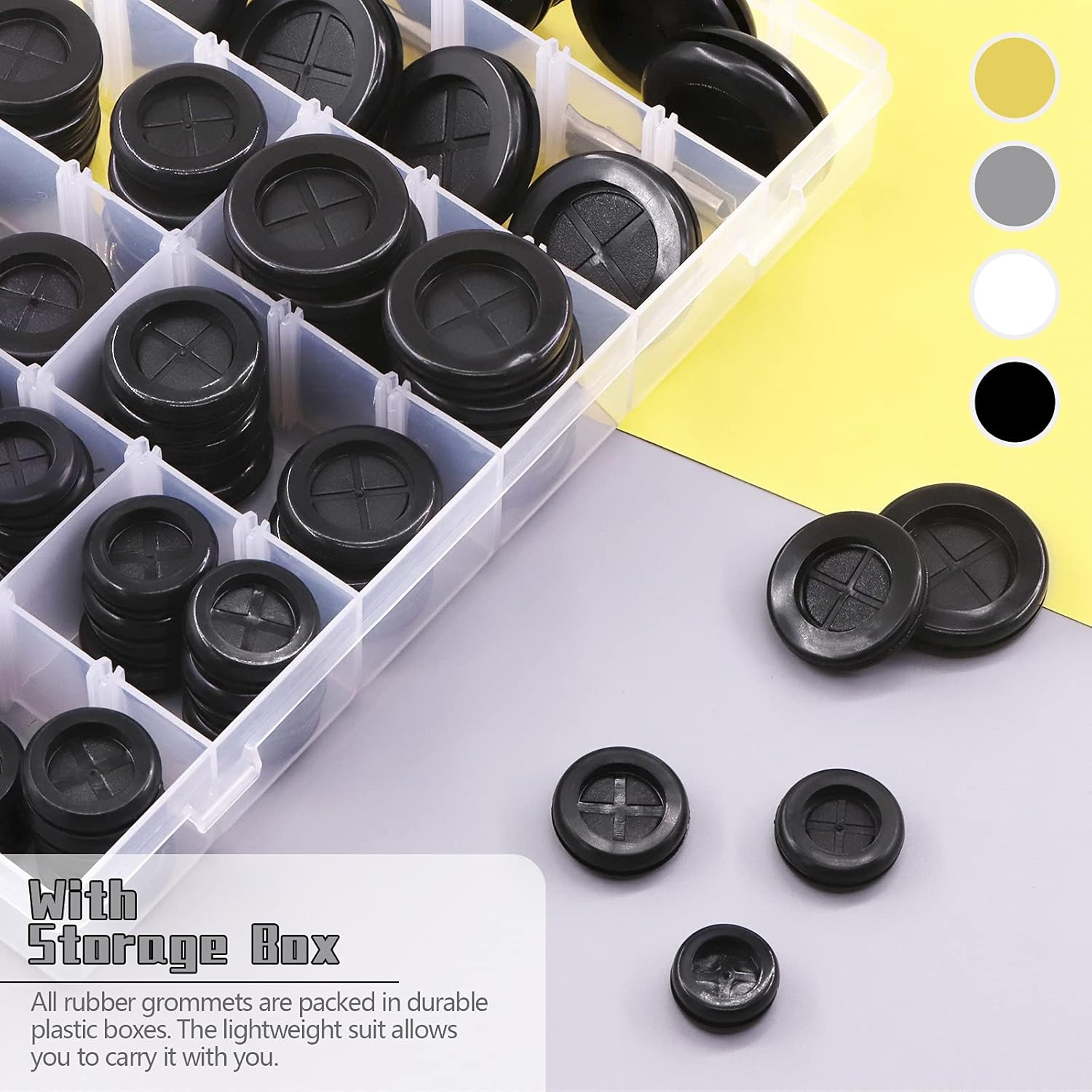 Mardatt 101 Pcs 8 Sizes Rubber Grommet Set, 16-38Mm Double Sided round round Electrical Wire Gasket with Storage Box and Knife, Solid Ring Gasket Rubber for Cable Firewall Hole Plug Auto image number 1