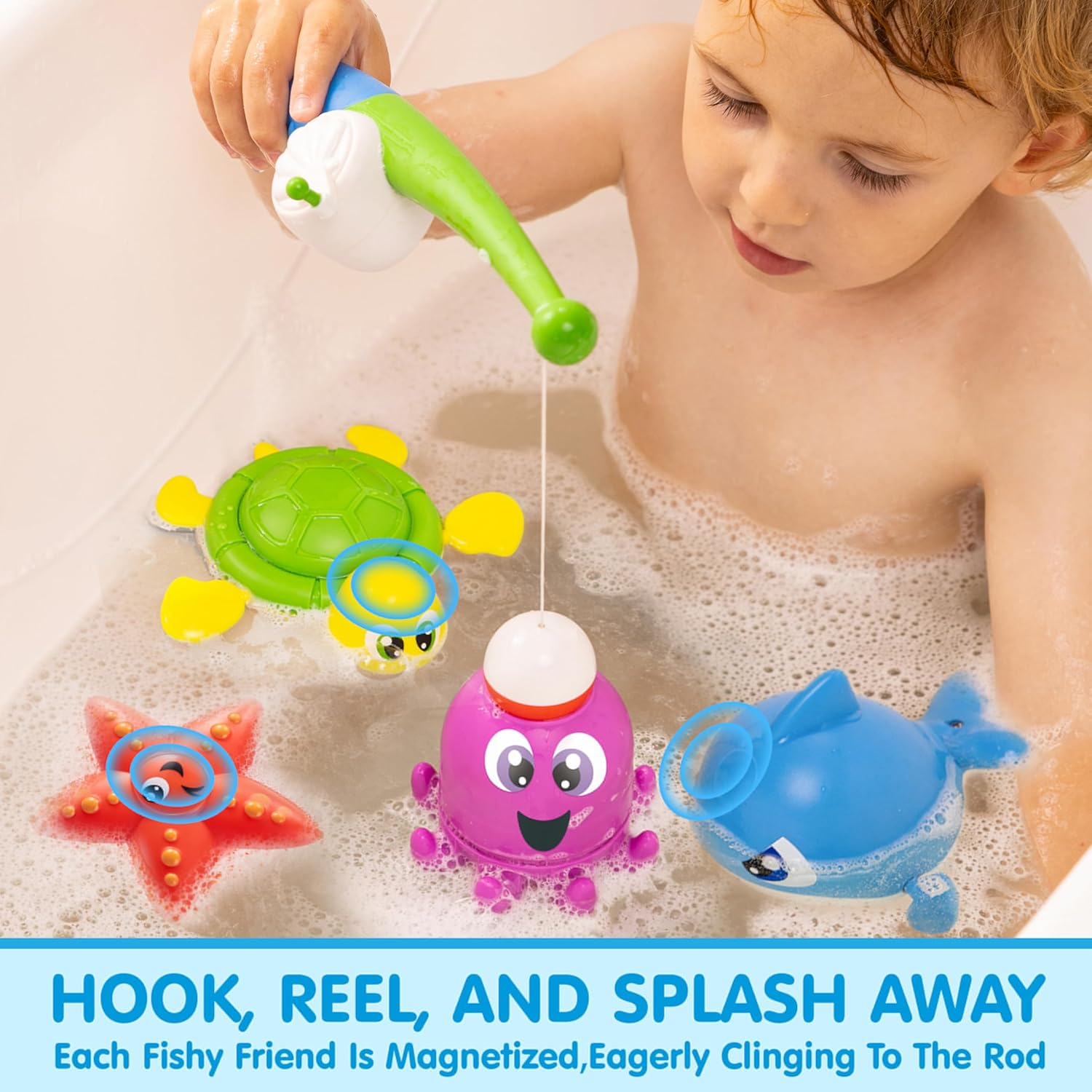 JOYIN Bath Fishing Toy Set for Toddlers - Magnetic Toy with Fishing Rod, Spinning Octopus and Starfish, Wind-Up Shark and Turtle - Sensory Development for Infants image number 1