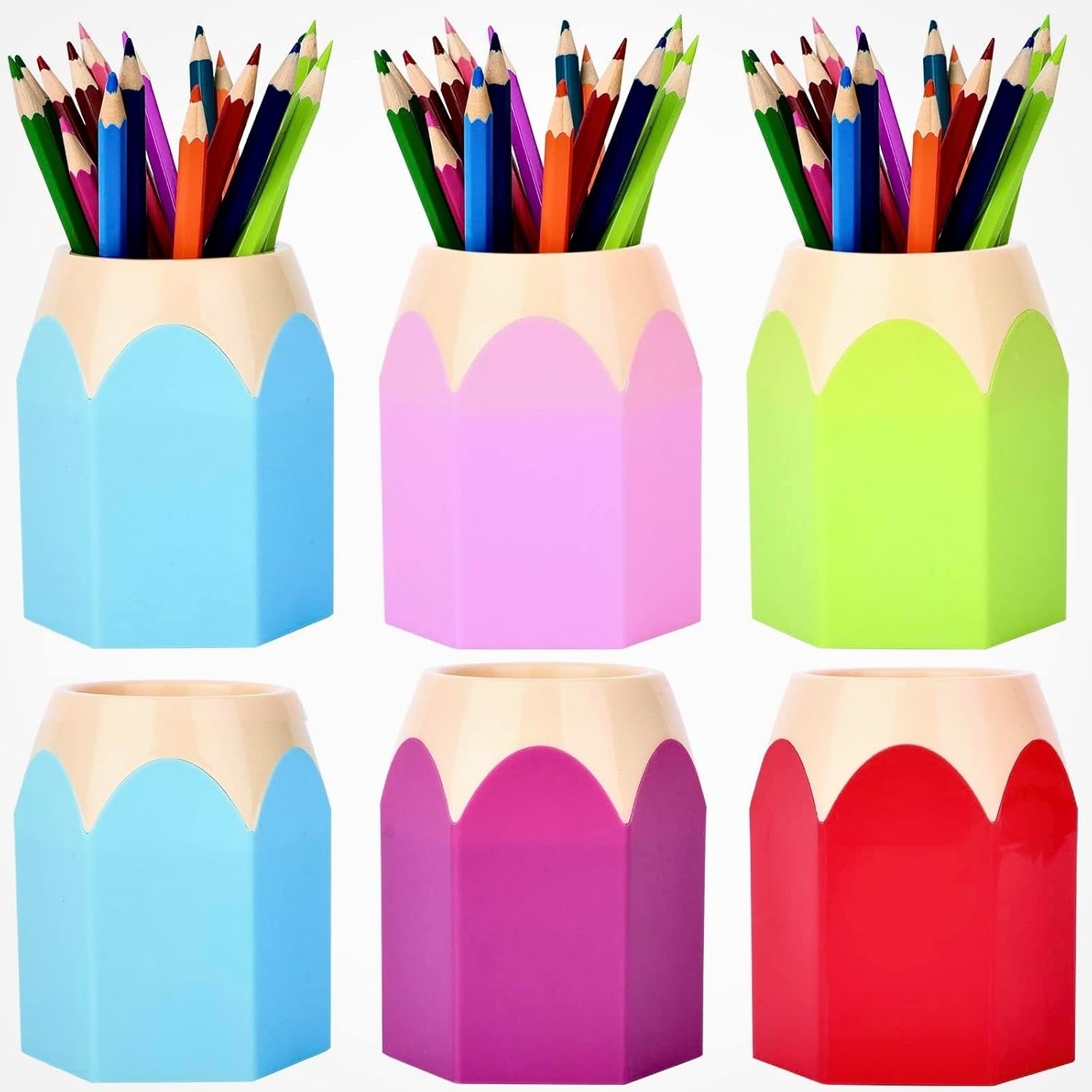 6Pcs Pencil Shaped Pen Holders - Cute Desktop Pen Cup & Makeup Brush Container - Creative Stationery Storage for Office & Home Decoration