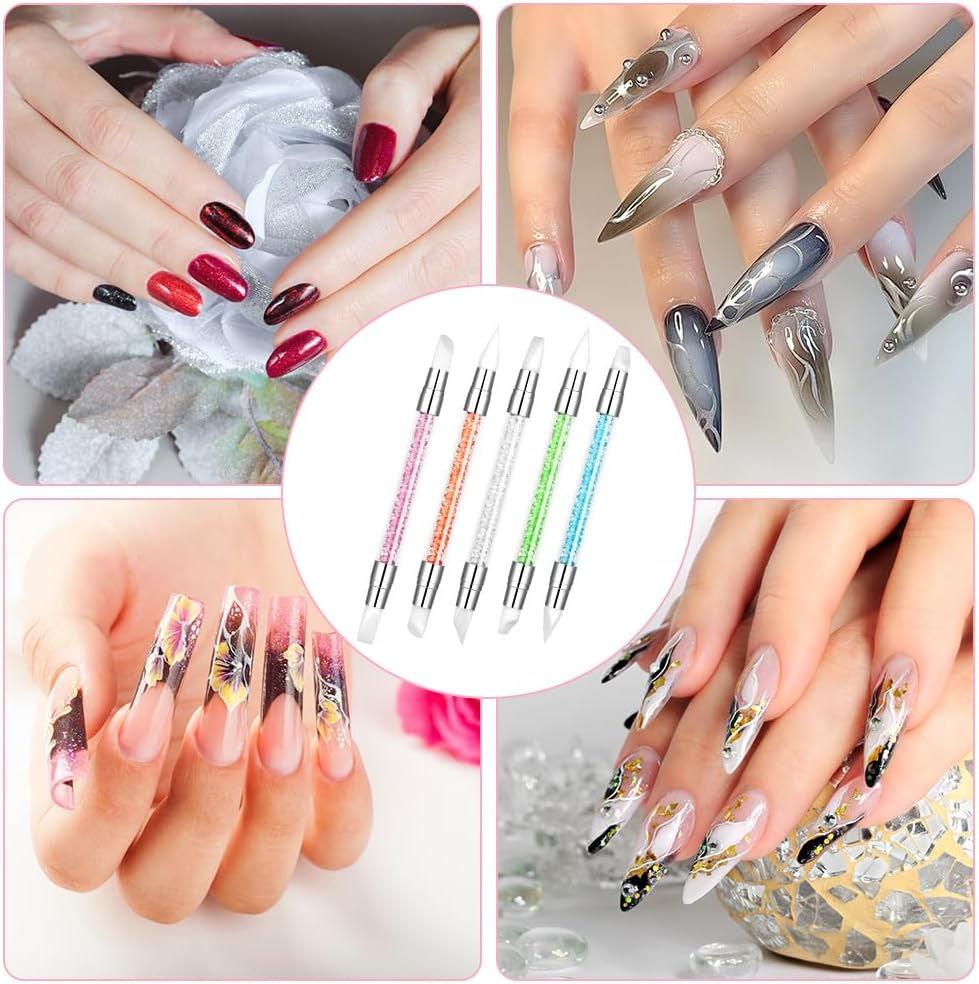 BUTBU Pack of 5 Silicone Brushes, Double End Nail Art Brush, Nail Design Brush, Painting Art Design Brush Set, Nail Dotting Drawing Tool, Silicone Modelling Brush Set for DIY Nail Art Design(A) image number 1