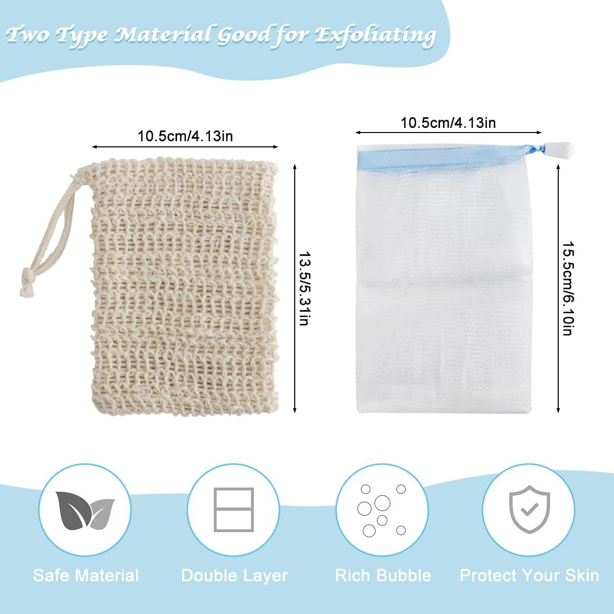 2Pcs Exfoliating Mesh Soap Saver Pouch Bag Sack, FHDUSRYO Handmade Soap Bubble Mesh Bags with Drawstring, Soap Bubble Mesh Net Bags for Face Washing, Body Cleansing image number 6