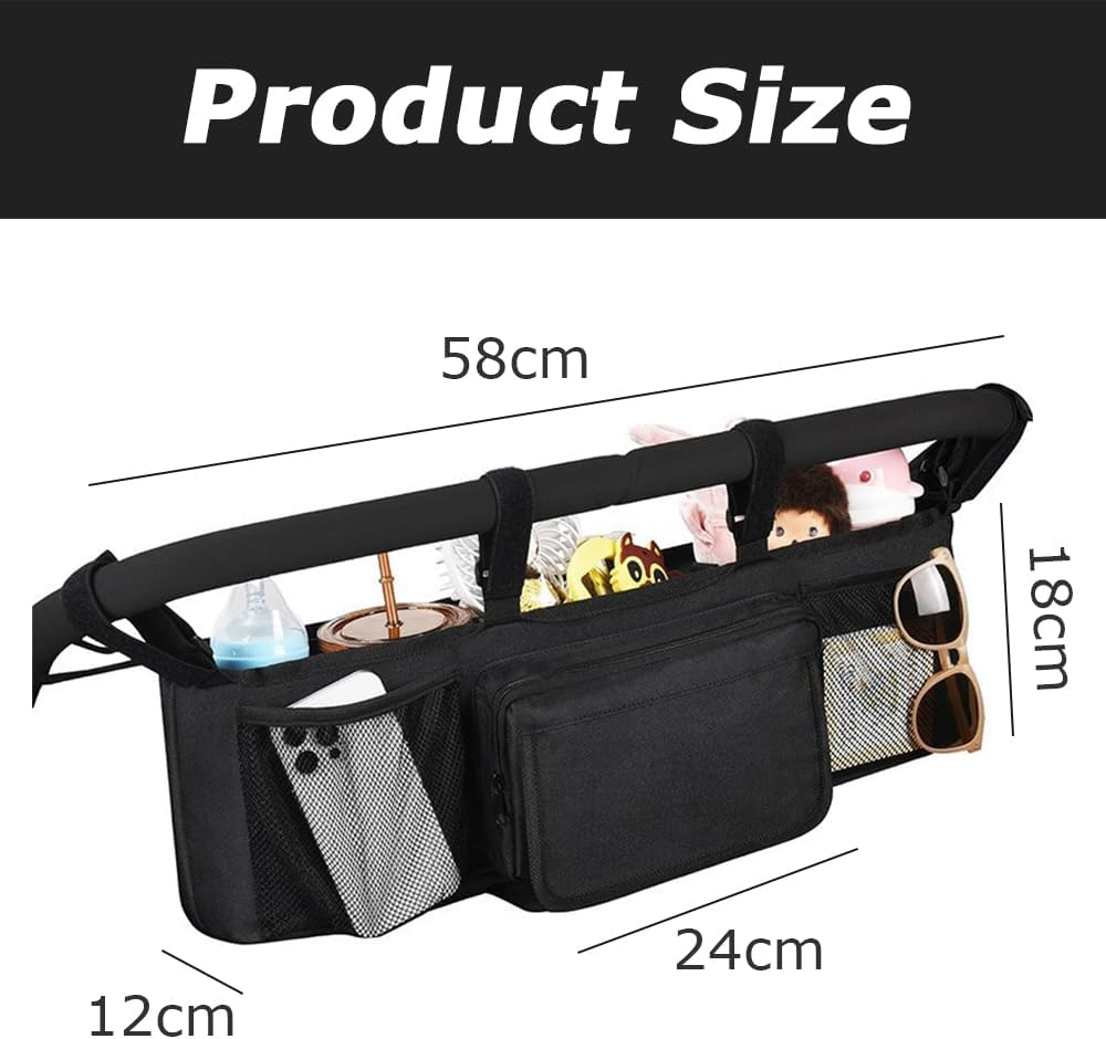 Universal Stroller Organizer, Double Parent Console with Insulated Cup Holders, Large Storage Bag for Diapers, Bottles & Toys, Fits Side-By-Side & Single Strollers, Black