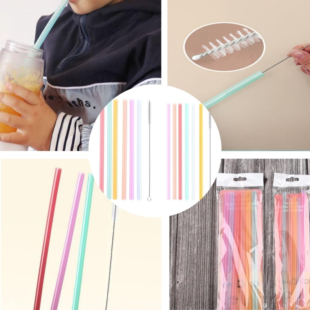 12 PCS Reusable Silicone Straws with 2 PCS Cleaning Brushes, 9 Inches Long 8Mm/6Mm Wide Reusable Fat Silicone Straw for Kids Long Straws for Smoothie Milkshake Cocktail Hot Drinks image number 2