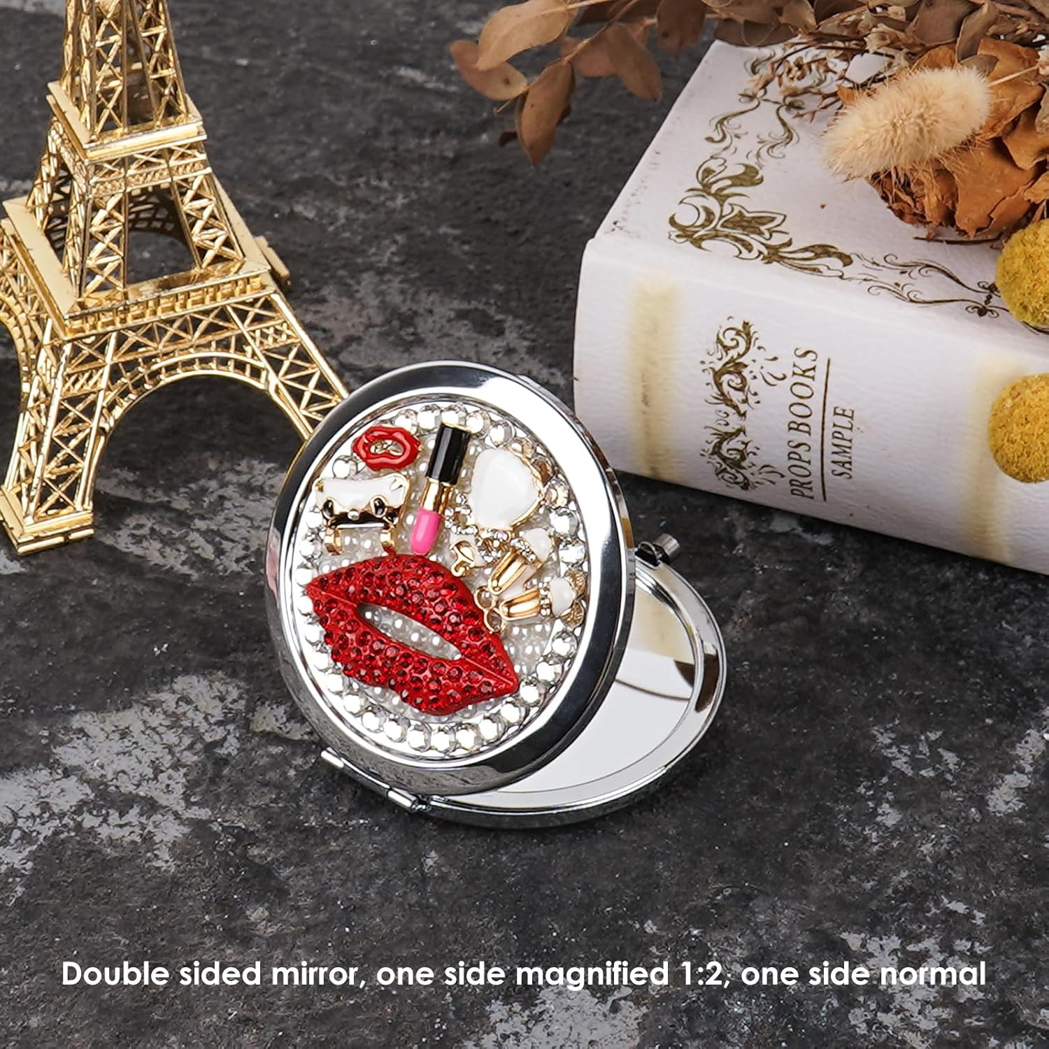 JANKOW Red Lips Mirror, Rhinestone Compact Mirror, Pearl Makeup Mirror Travel Vanity Mirror Beauty Mirror Make up Mirror Double-Sided Makeup Mirror, for Women and Girl Travel Makeup Mirror (1 Pcs) image number 3