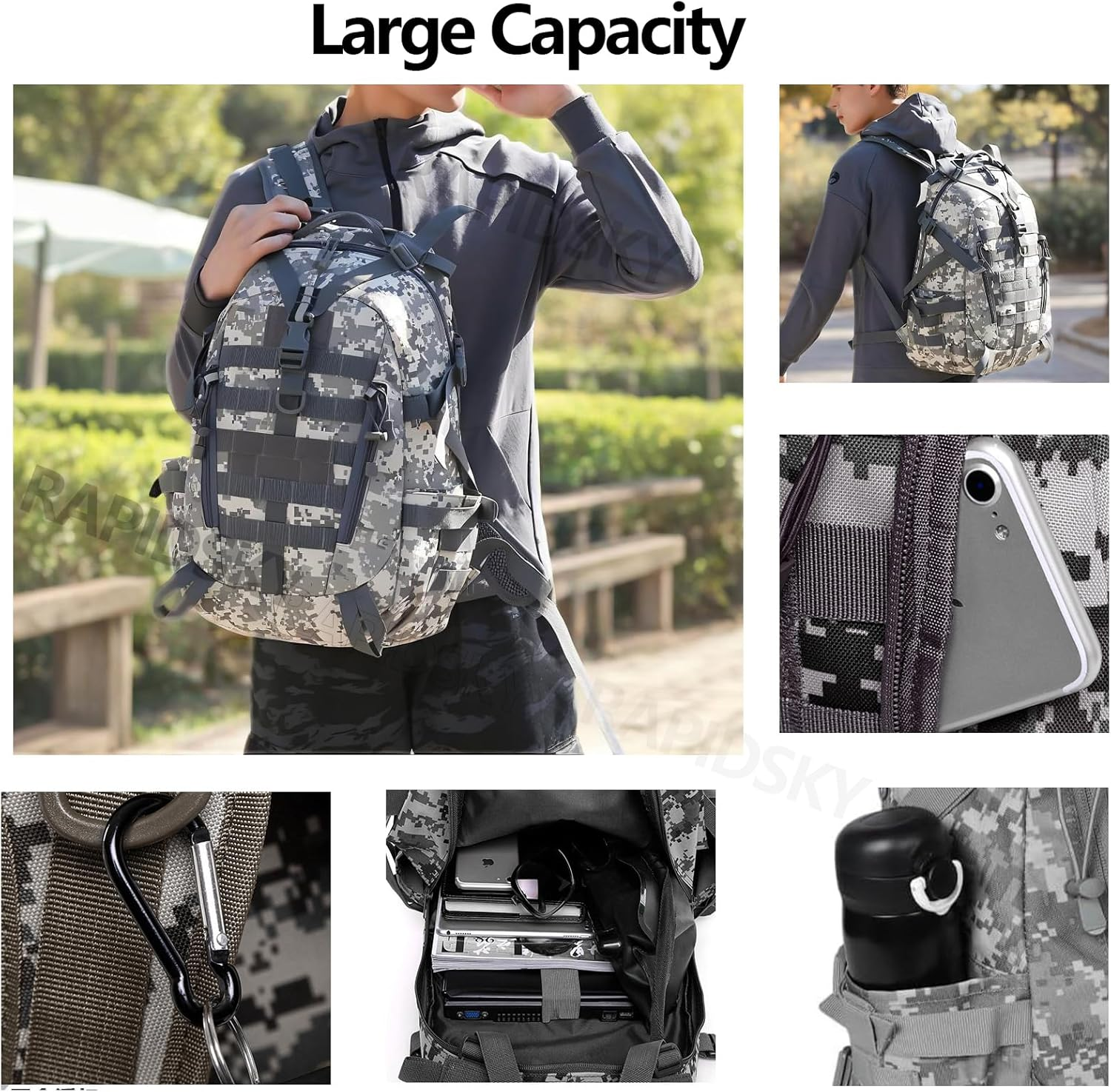 RAPIDSKY 38L Tactical Backpack, Waterproof Hiking Assault Pack with MOLLE System & Multi-Compartment Daypack for Cycling, Camping, Outdoor Adventures image number 6