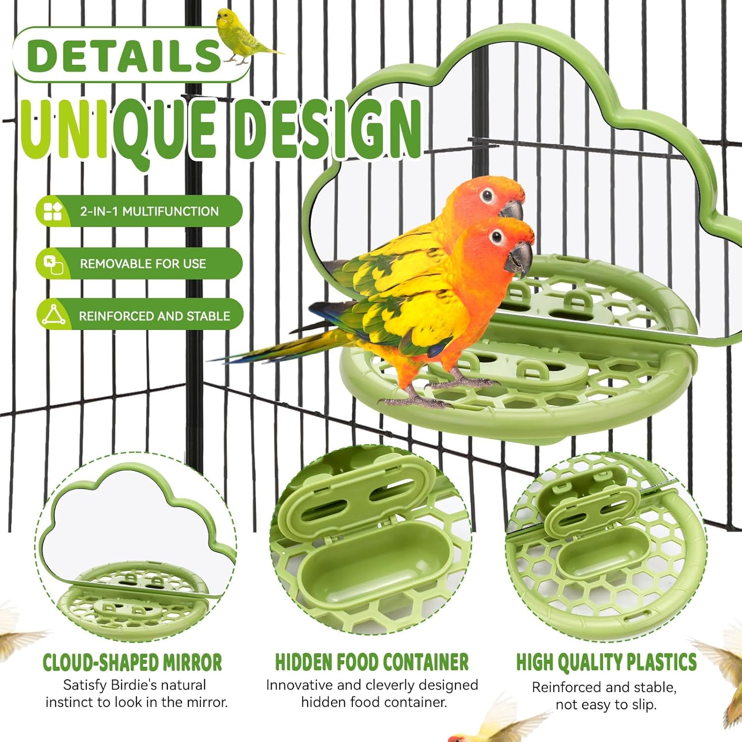 Bird Mirror, Bird Cage Mirror, Bird Toy Bird Cage Mirror for Parakeets, Bird Cage Feeders, Bird Perches for Cage, Bird Cage Accessories (Beige, Green) 2 Pack image number 1