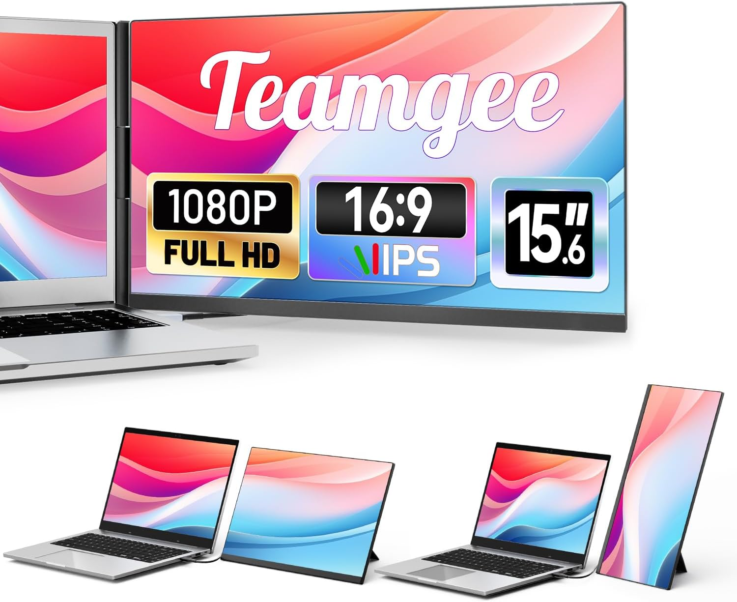 Teamgee 15.6" Laptop Screen Extender, Slim & Lightweight Portable Monitor for Laptop, Full HD IPS, 360&deg; Rotating Stand, Detachable, USB-C Plug & Play, RGB Lighting, Thin Bezels image number 6