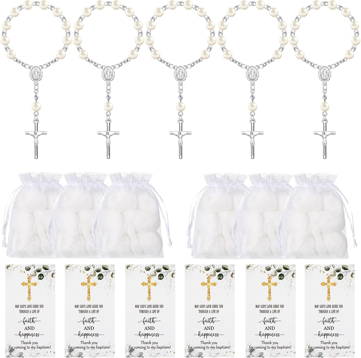 50 Sets Baptism Favors for Guests Acrylic Rosary Beads Faux Pearls Organza Gift Bags Thank You Cards Silver Angel Charm Keychain for Baptism Christening First Communion Party Supplies (Silver) image number 2