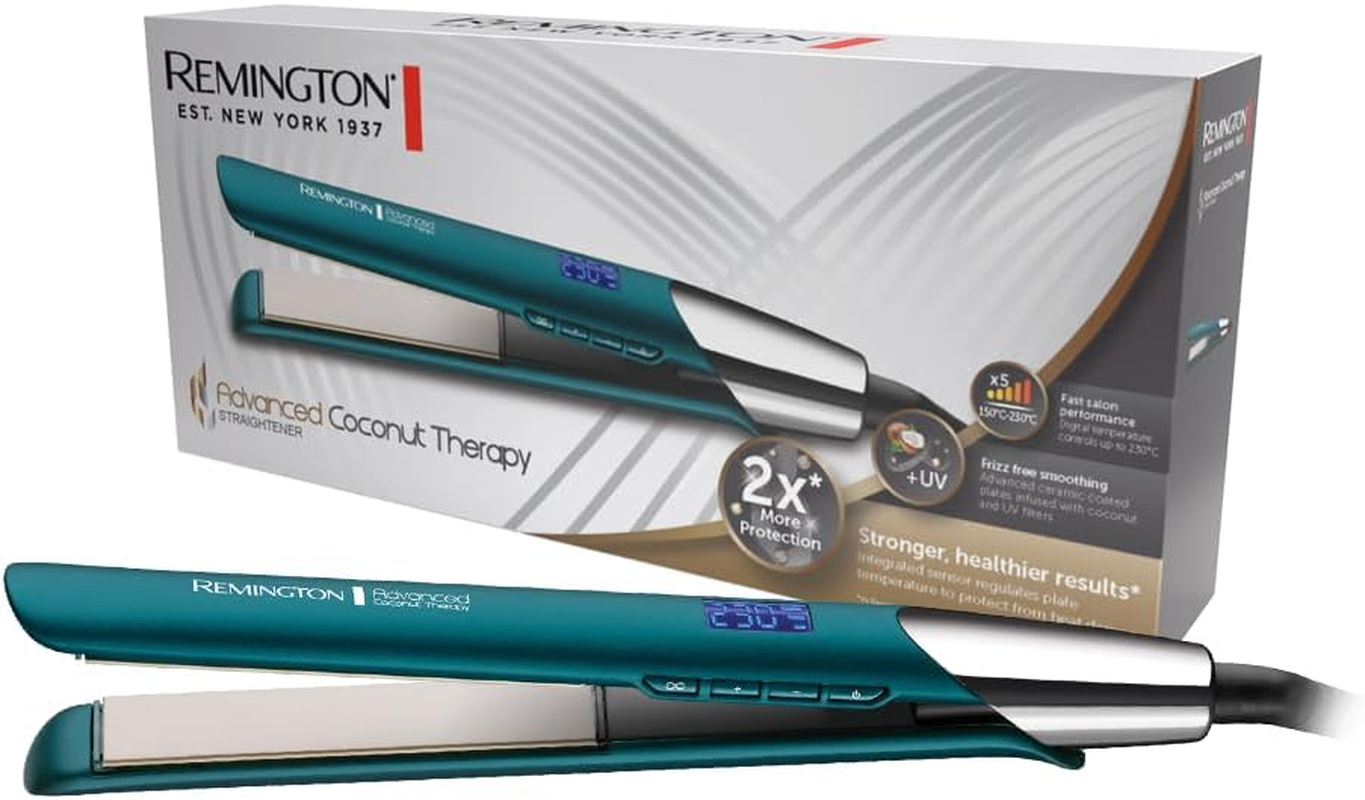 Remington Advanced Coconut Therapy Straightener, S8648AU, Salon Performance, 110Mm Ceramic Plates with Micro-Conditioners, Integrated Heat Sensor Helps Protect Hair, Ultra-Fast Heat Up, LCD Display