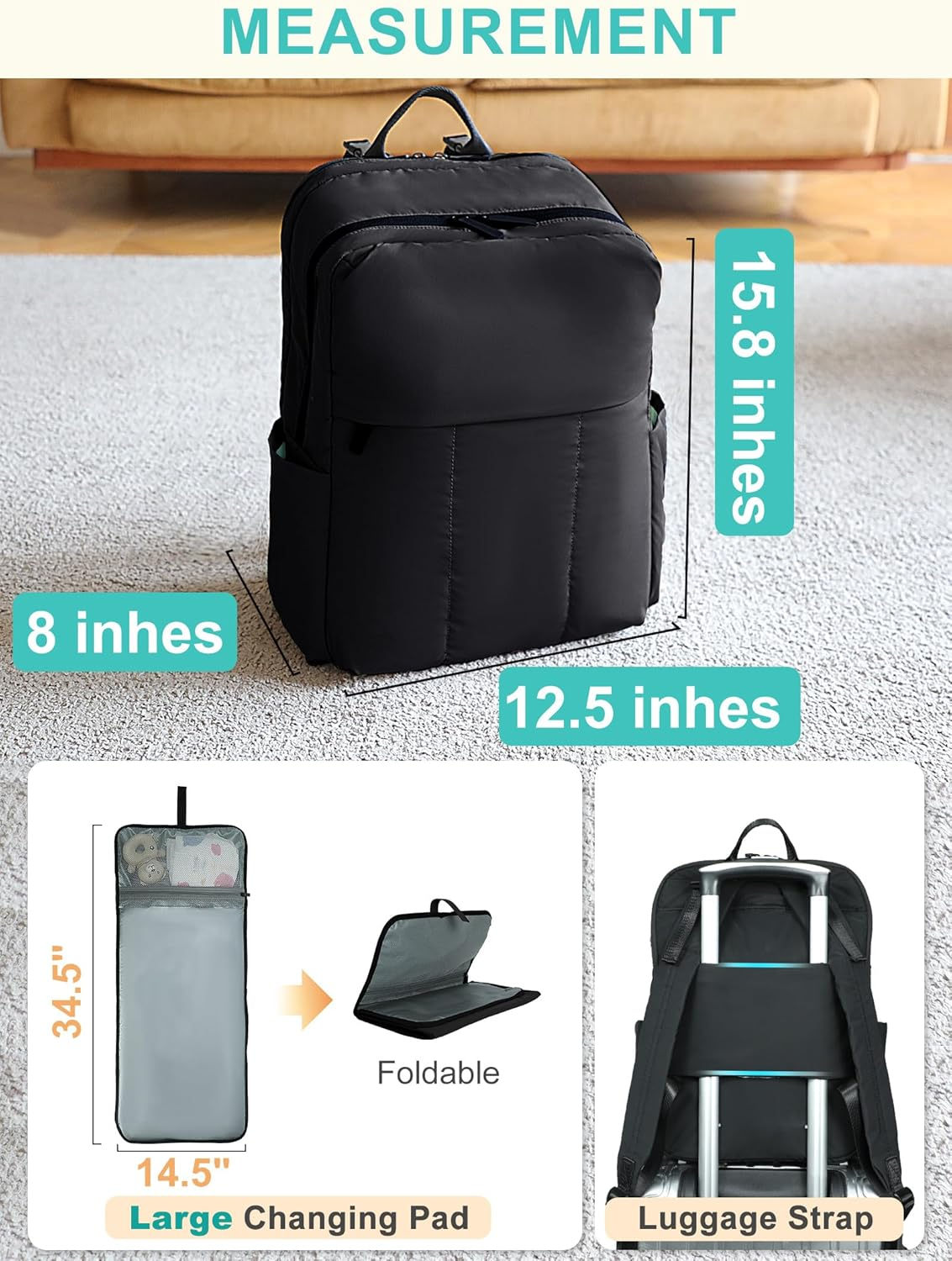 MOMINSIDE Diaper Bag Backpack with 15 Pockets, Quilted Baby Bag for Boys Girls, Baby Registry, Large Changing Pad - Brown image number 4