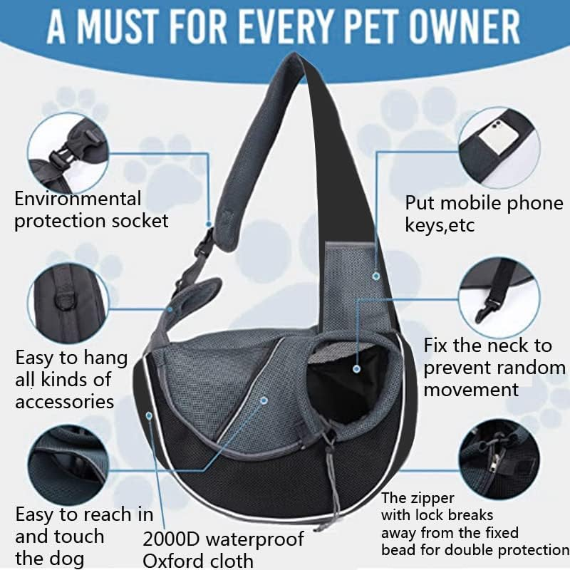 Dog Sling Carrier, Mesh Adjustable Pet Cat Carrier Sling, Hand Free Dog Satchel Carrier Bag, Puppy Crossbody Sling Carrier for Small Medium Dog Cat Rabbit, Black+Grey