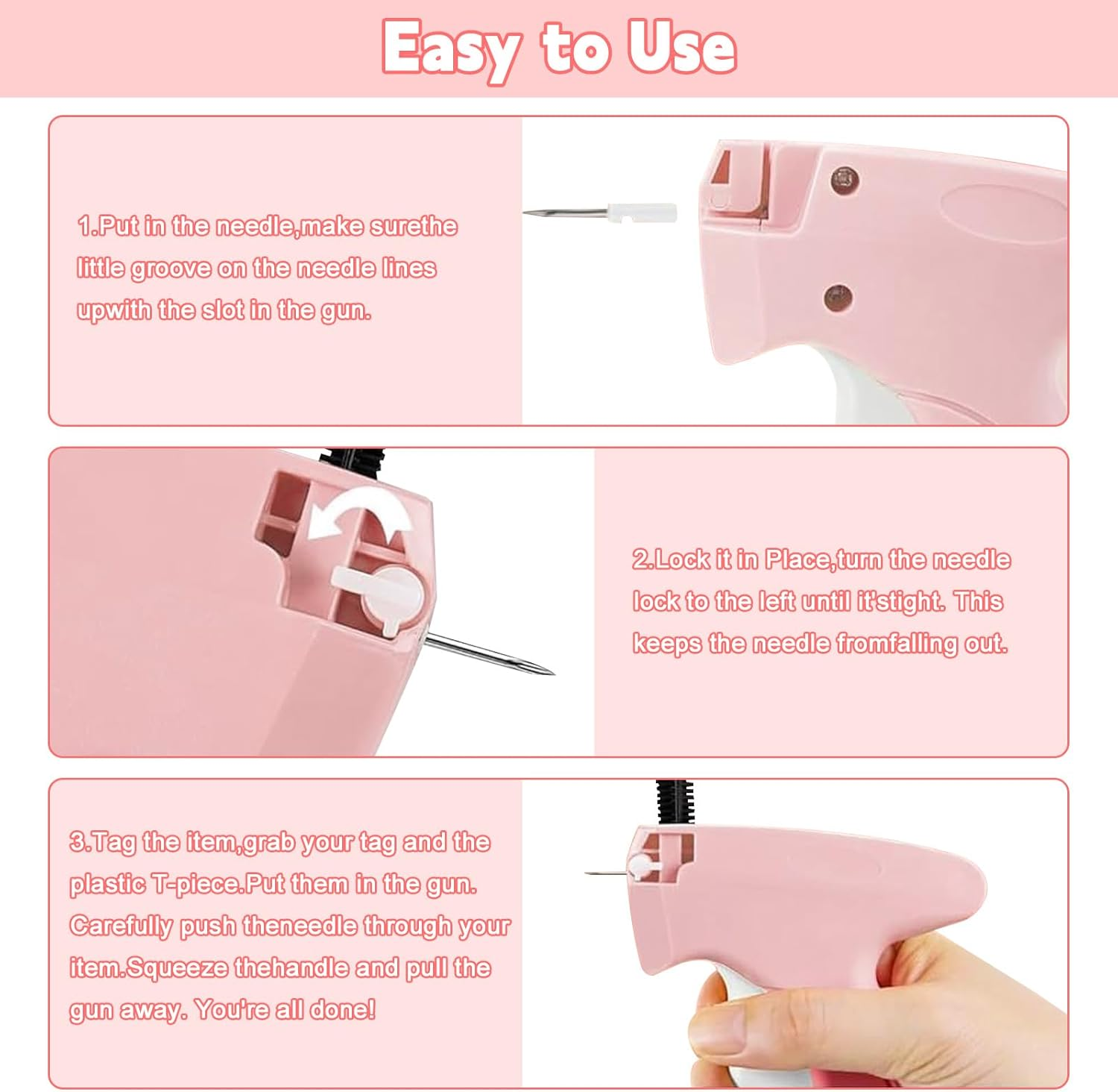 Pearyaest Handheld Stitch Gun for Clothes,Quick Clothing Fixer with 5 Needles,Mini Tagging Gun for Sewing,Hemming,Quilting1000 Black Fasteners & 1000 White Fasteners,Mini Sewing Kit Micro(Pink) image number 5
