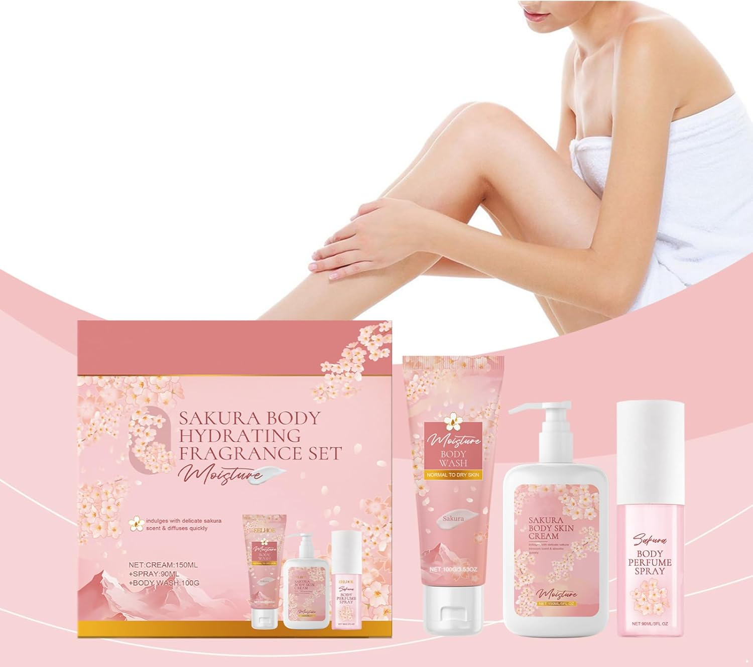 Miutii Cherry Blossom Scented Bath and Body Set 3 Piece Kit with Body Wash Cream and Perfume for Soft Skin Non Greasy Pink One Size image number 3