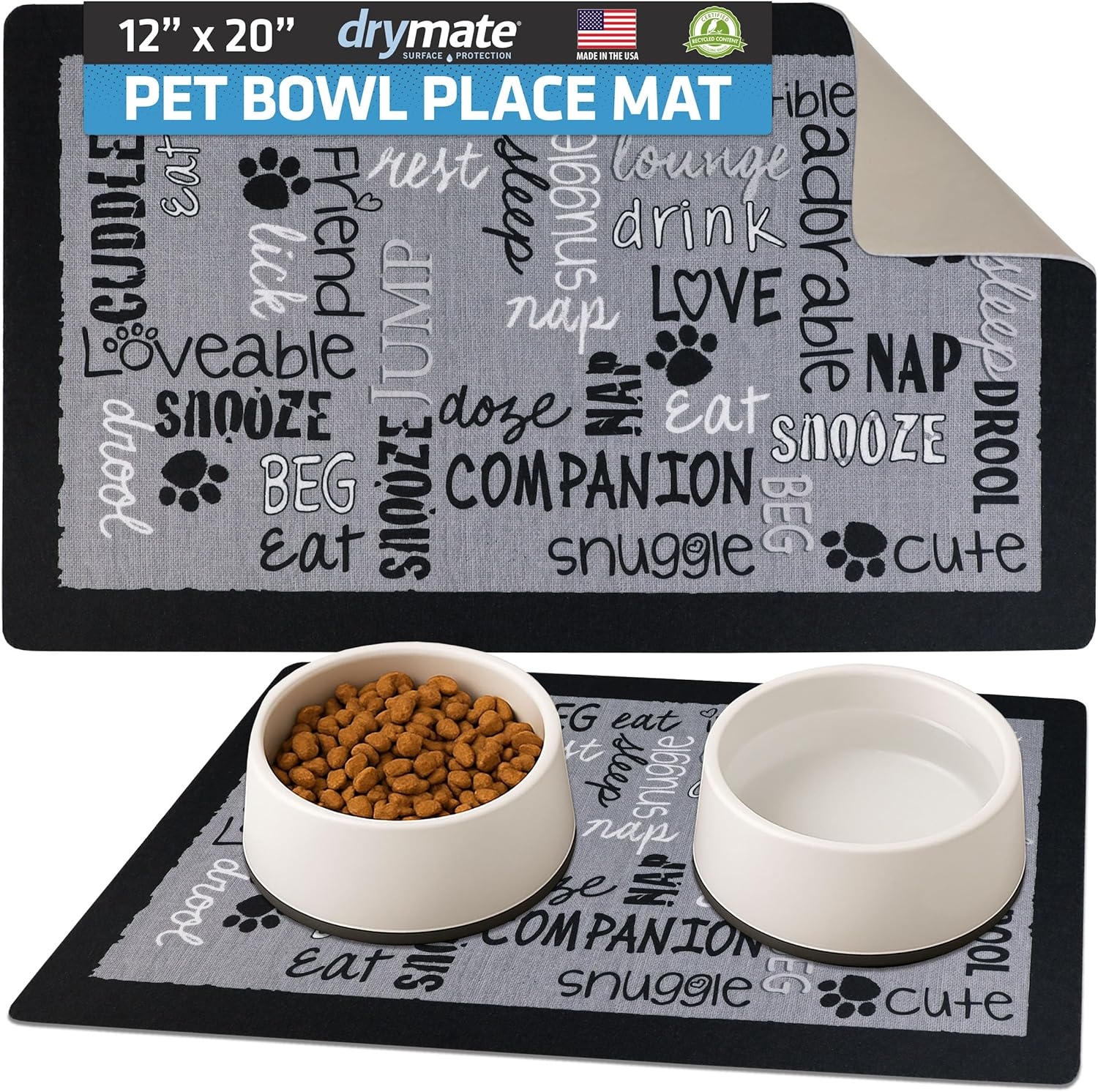 Drymate Pet Bowl Placemat, Dog & Cat Food Feeding Mat - Absorbent Fabric, Waterproof Backing, Slip-Resistant - Machine Washable/Durable (USA Made) (16&rdquo; X 28&rdquo;) (Paw Dots Black)