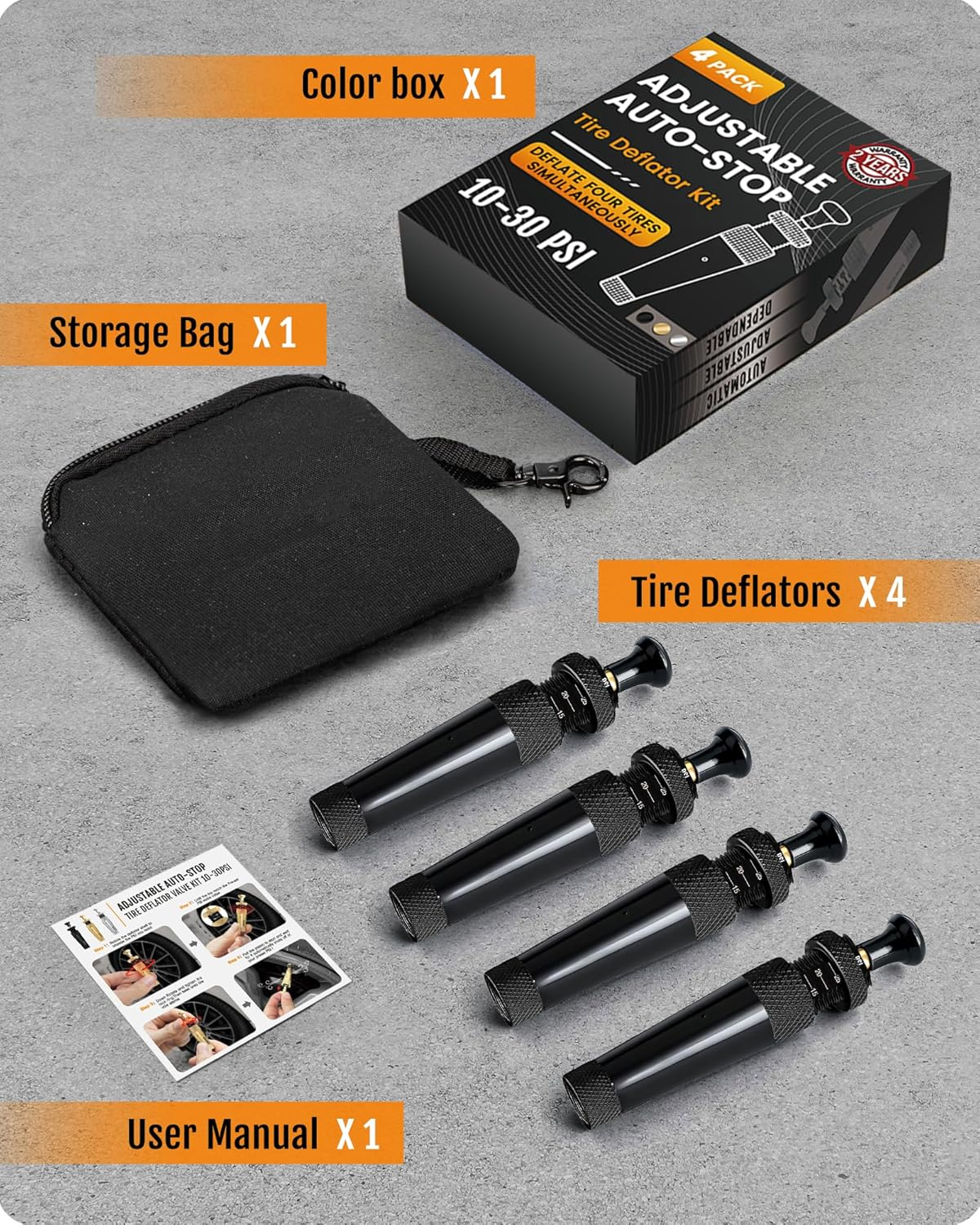 Adjustable Tire Deflator Kit 10-30Psi(4Pcs/Set),Auto-Stop Air down Tire Deflators Offroad Accessories Suit for Cars.Trucks - Silver image number 4