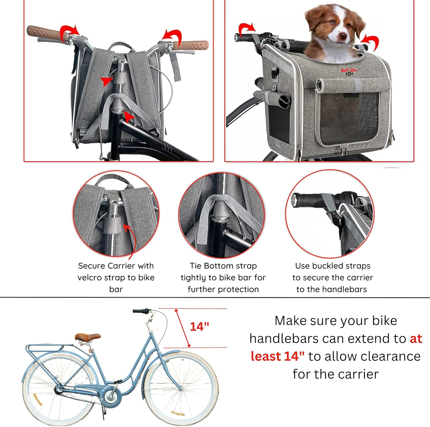 Dog Bike Basket, Expandable Soft-Sided Reflective Pet Carrier Backpack with 4 Open Doors, 4 Mesh Windows for Medium Small Dog Cat Puppies (Grey) image number 2