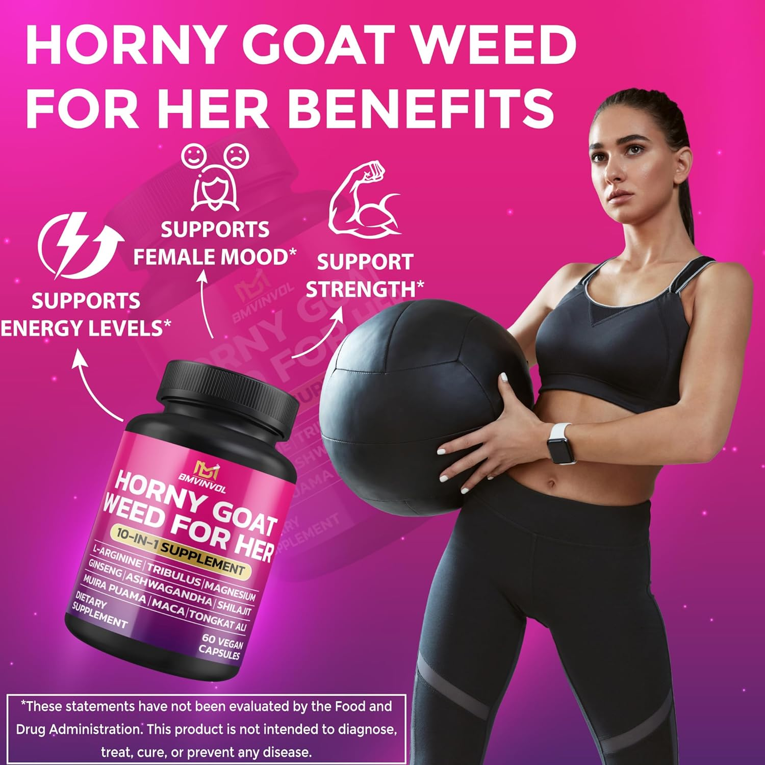 10-In-1 Horny Goat Weed for Her - Maca, Ashwagandha, Magnesium Glycinate, Tongkat Ali, Muira Puama, Ginseng, Shilajit, Tribulus Terrestris - 60 Capsules image number 1