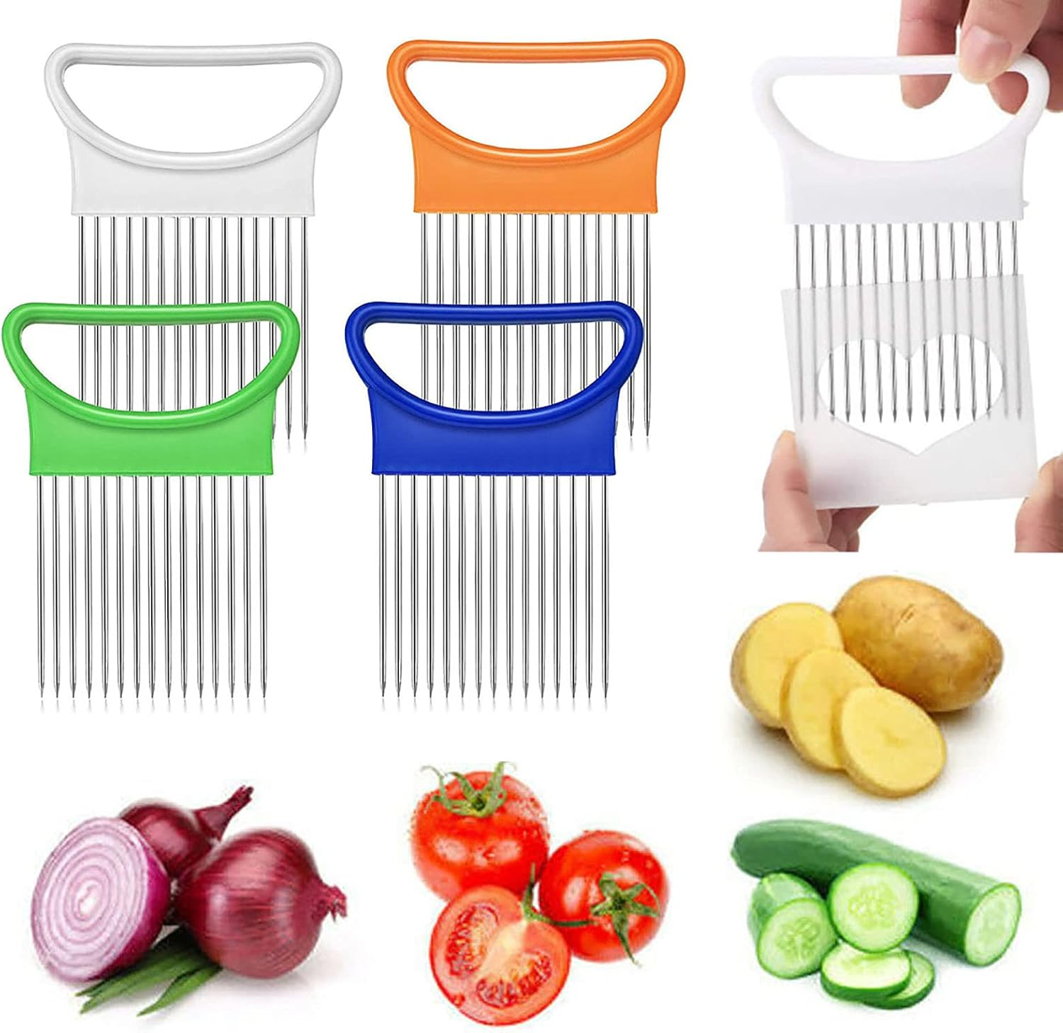 2Pcs Onion Holder Slicer, Stainless Steel Tomato Lemon Potato Vegetable Holder Slicer Cutter Tool for Kitchen Worker Slicing