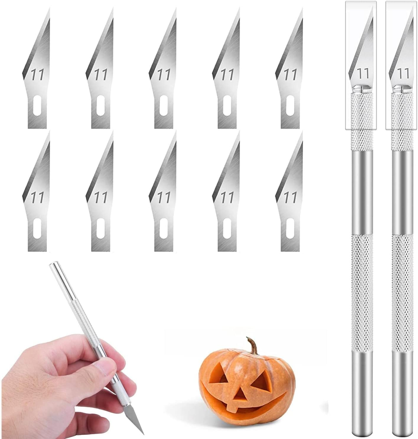 Precision Hobby Knife Kit,10 PCS Stainless Steel Carving Blades with Safety Cap and 2 Handles, Sharp Razor Knives Tool for Carving, Scrapbooking, Sculpture, DIY Art Work Cutting image number 1