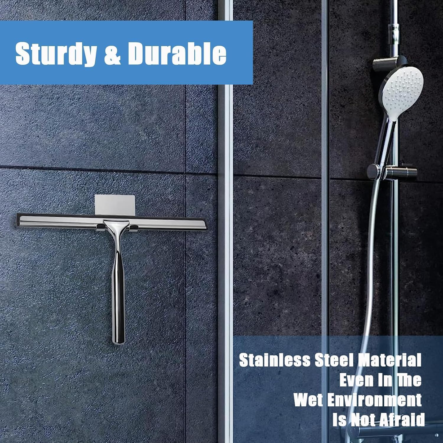 Shower Squeegee, Bathroom Window Squeegee, All Purpose Silicone Blade Window Wiper Tool Raclette Douche for Doors Window Car Mirror Glass Ceramic Wall, with Hook (10 Inch, Silver) image number 3