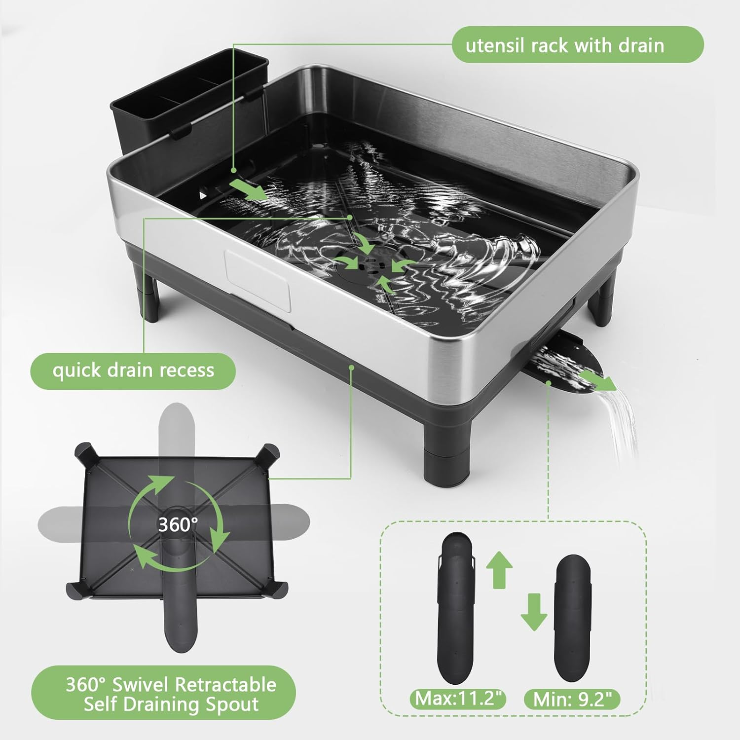 2 Tier Dish Drying Rack, 304 Stainless Steel Dish Drainer for Kitchen Counter, Extra Large Dish Rack with 360&deg; Rotatable Drain Spout & Cup Holder image number 2