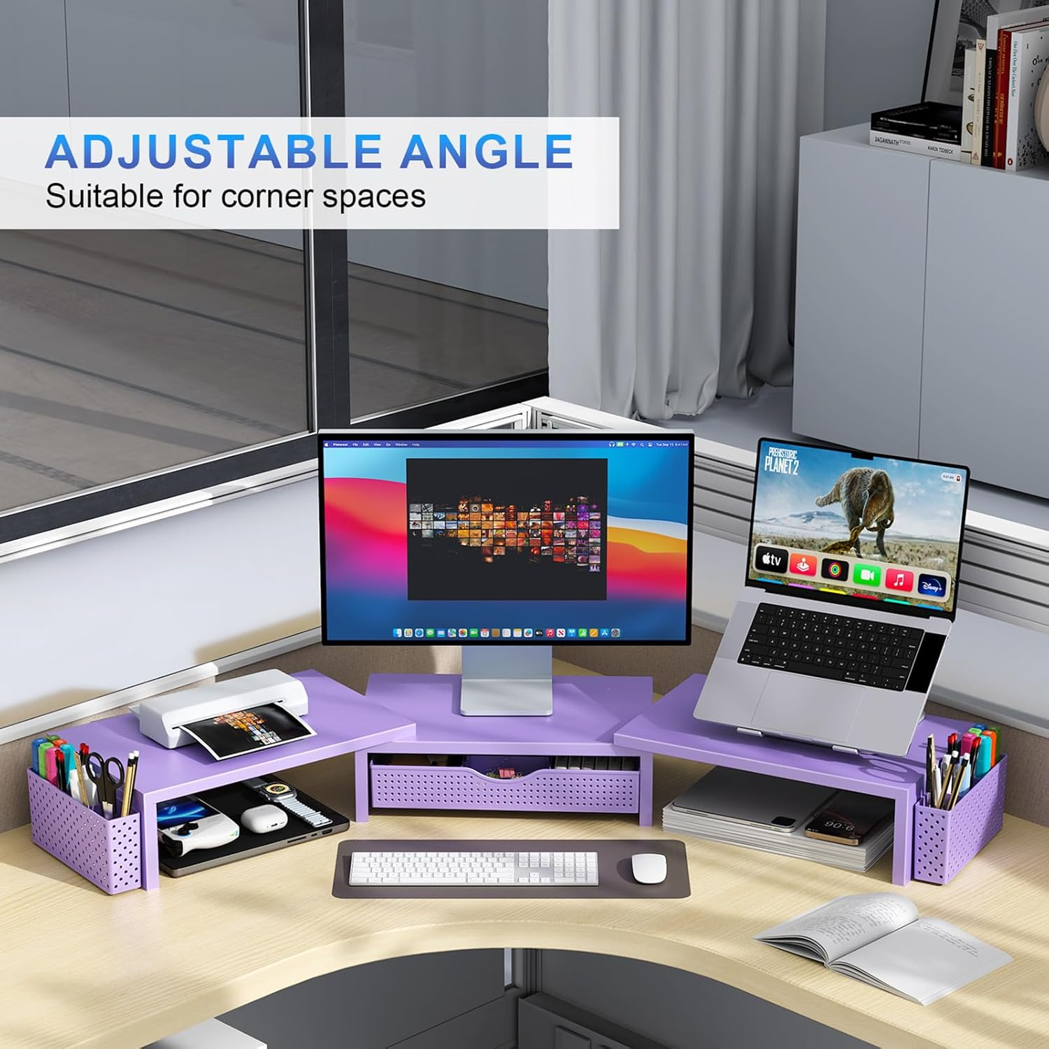 Gianotter Dual Monitor Stand Riser, Desk Organizer with Drawer and 2 Pen Holders, Desk Organizers and Accessories, Purple Office Decor (Purple) - Black image number 5