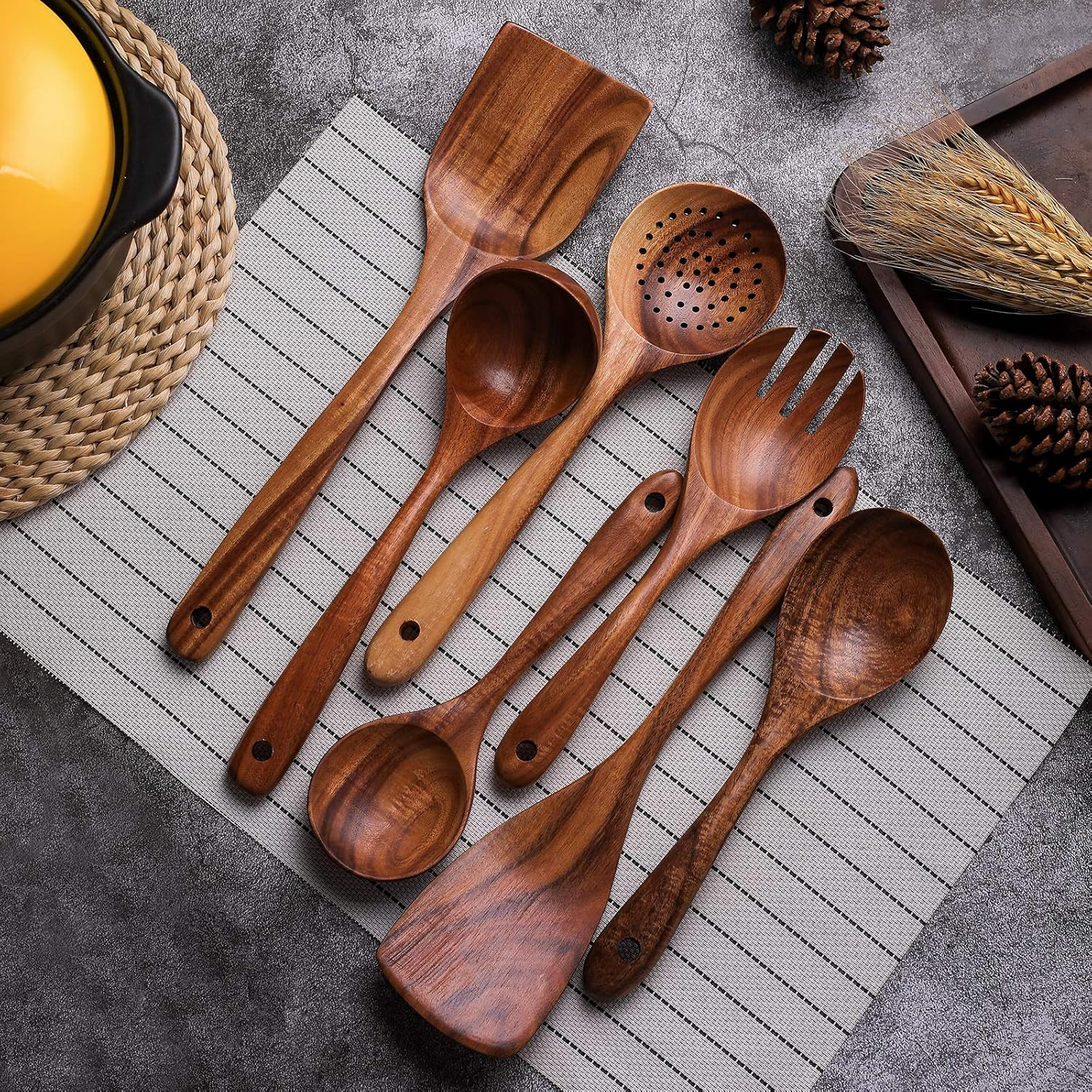 Wooden Non-Stick Kitchen Pan Toolset 7 Pieces Set,100% Natural Teak Kitchen Utensils Spatula, Wooden Cooking Utensils Spoons, Fried Spatula and Salad Fork image number 5