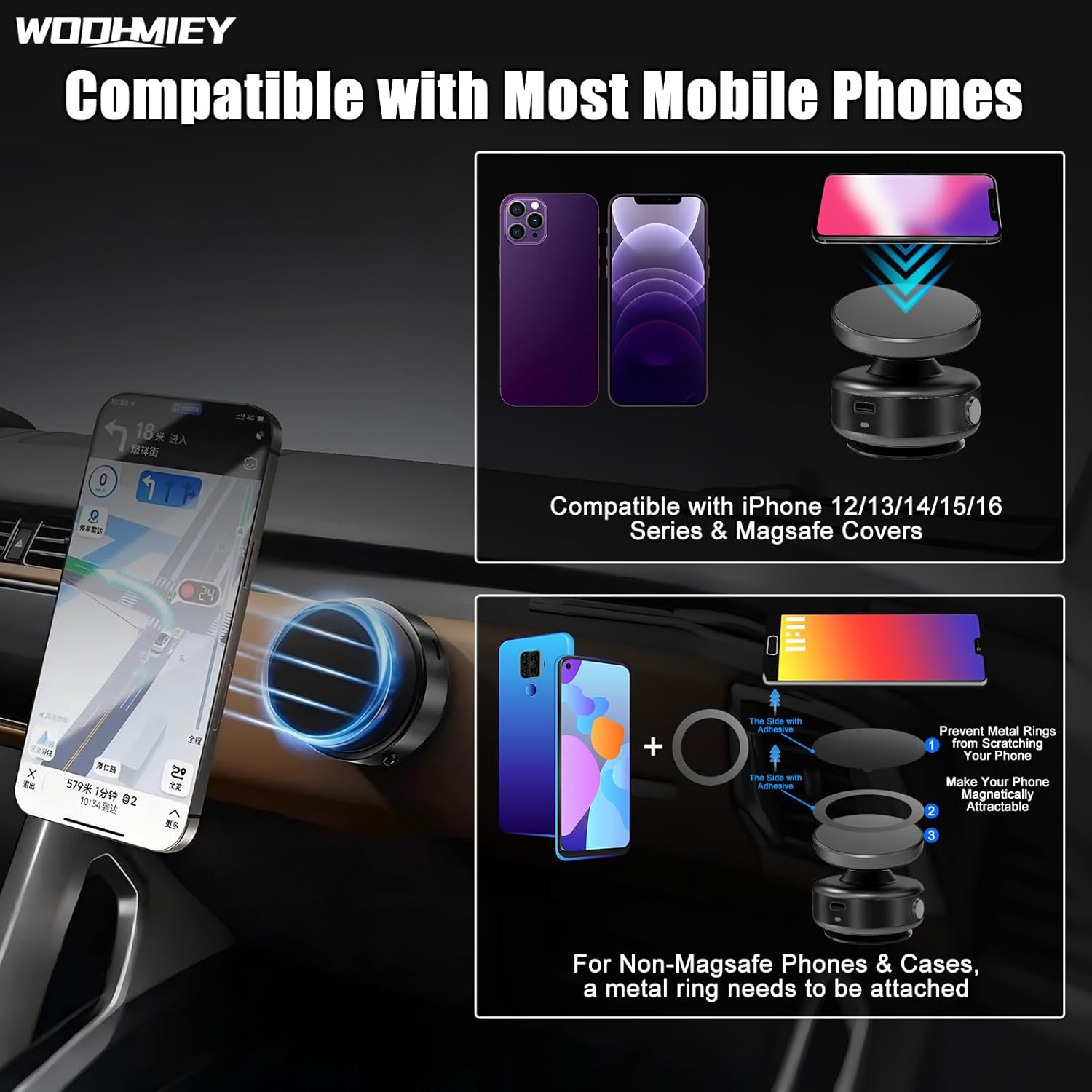 WODHMIEY Magnetic Car Phone Holder with Electric Vacuum Suction, 360 Rotation, Portable Car Accessories, Universal Magnetic Suction Phone Mount for Travel Home Gym (Black) - Black image number 4