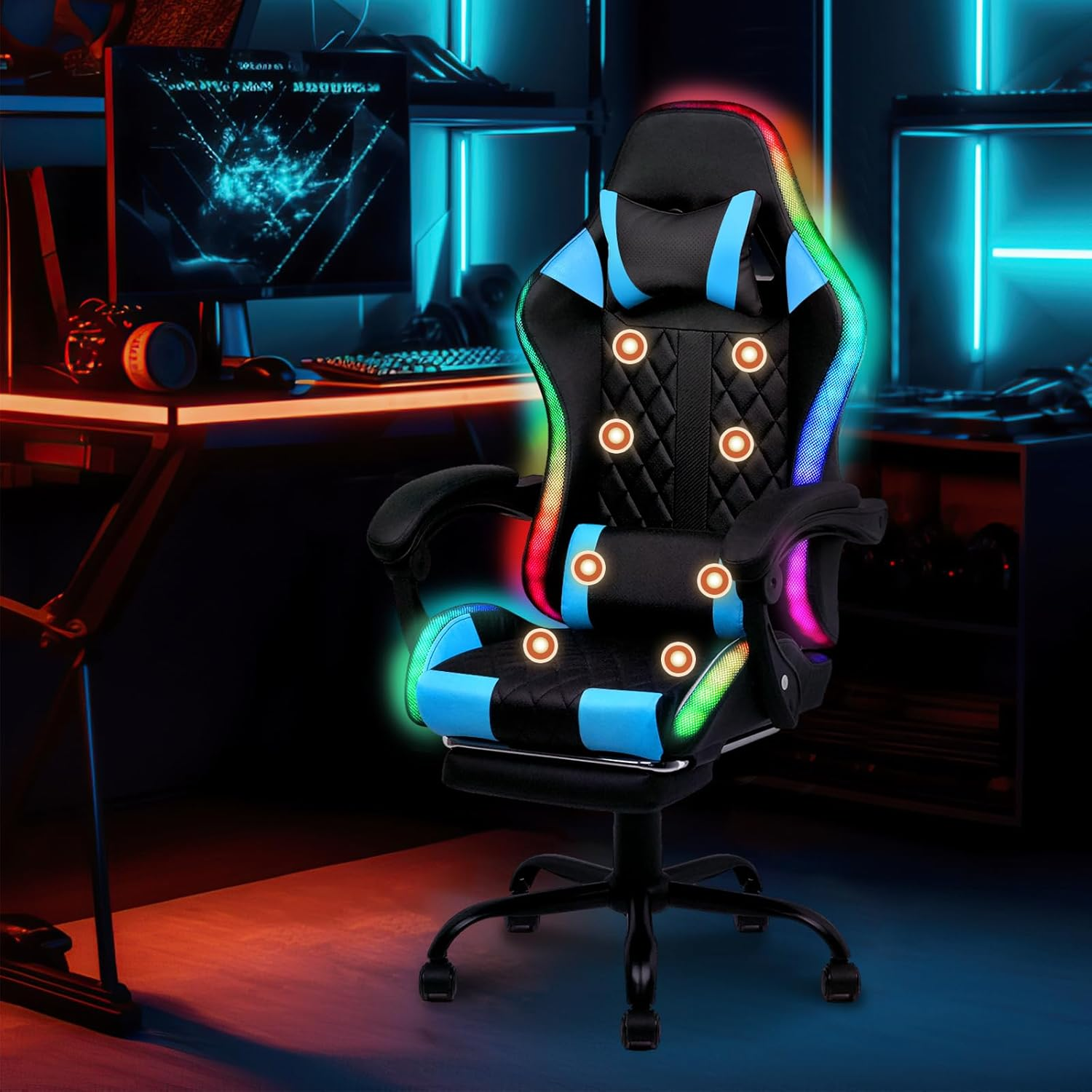 Ufurniture Gaming Office Chair RGB LED Lights,High Back Massagers Racing Recliner with Footrest,Ergonomic Executive Computer Chair with Lumbar Support,360&deg;Swivel,10Cm Height Adjustment Black & White