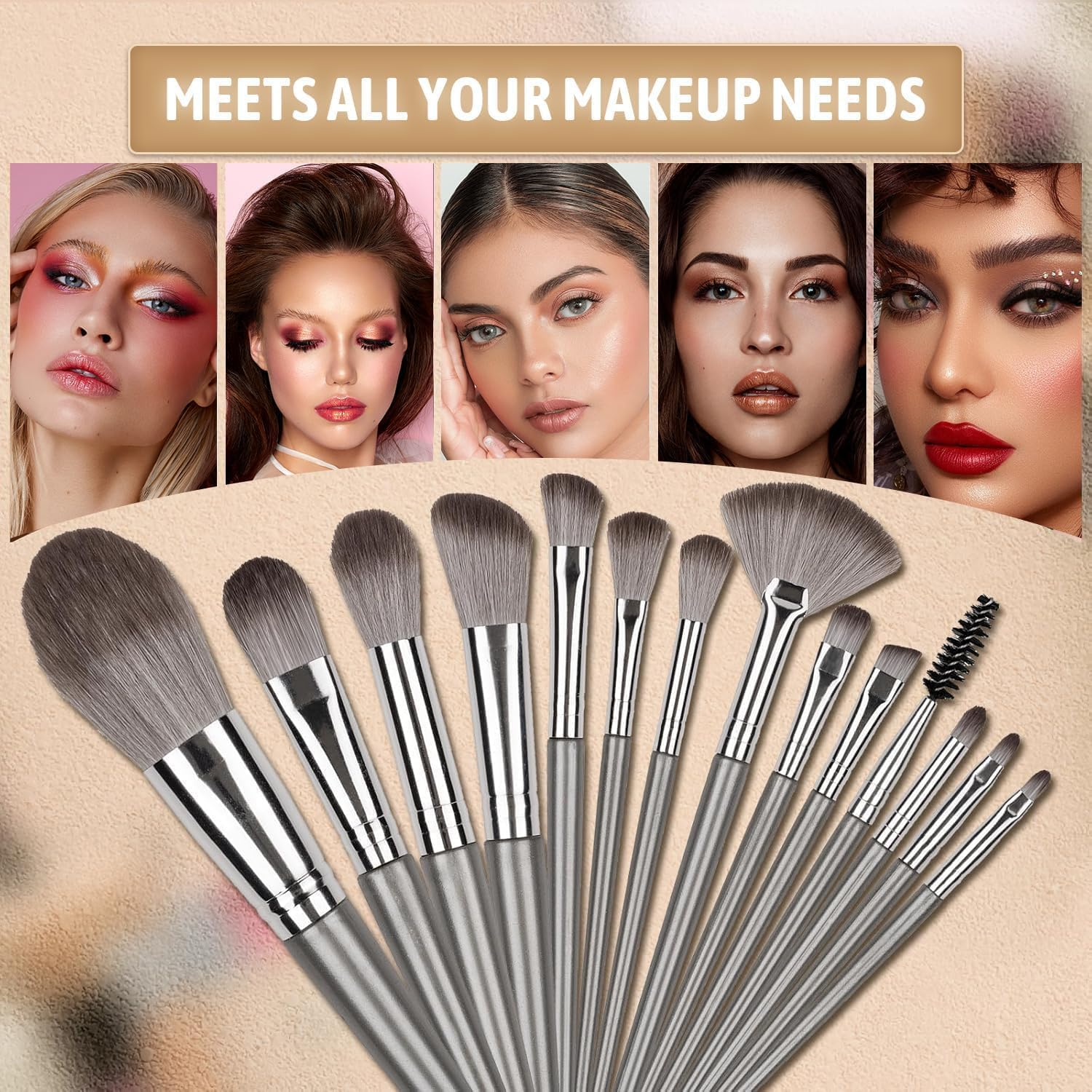 Makeup Brushes, 13Pcs Makeup Brush Set Premium Synthetic Foundation Brush Face Contour Brush Blending Face Powder Blush Concealers Brush Make up Brushes Set (Grey) image number 2