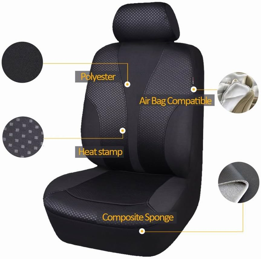 Flying Banner Car Seat Covers Full Cover Universal Fit Car Truck SUV Van Breathable Rear Bench Split Polyester Fabric (Full Set - Low Back - Fabric, Black Black) image number 2